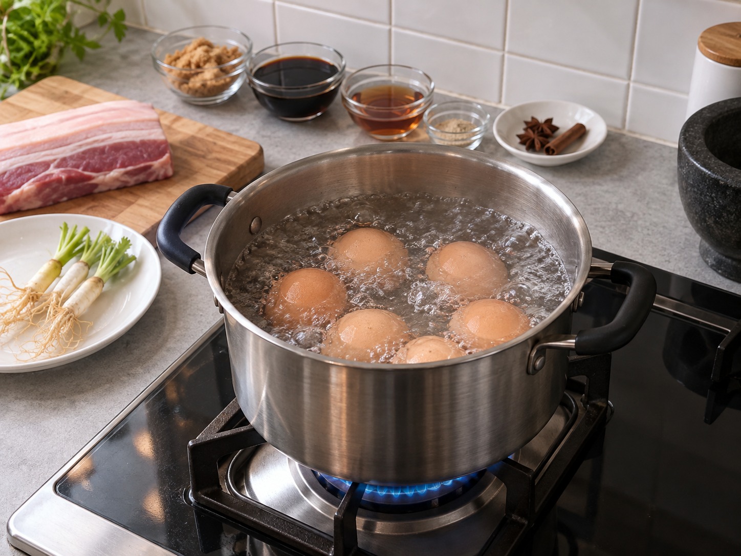 Thai Kai Palo Five-Spice Eggs and Pork — Boil eggs from cold water for ten minutes