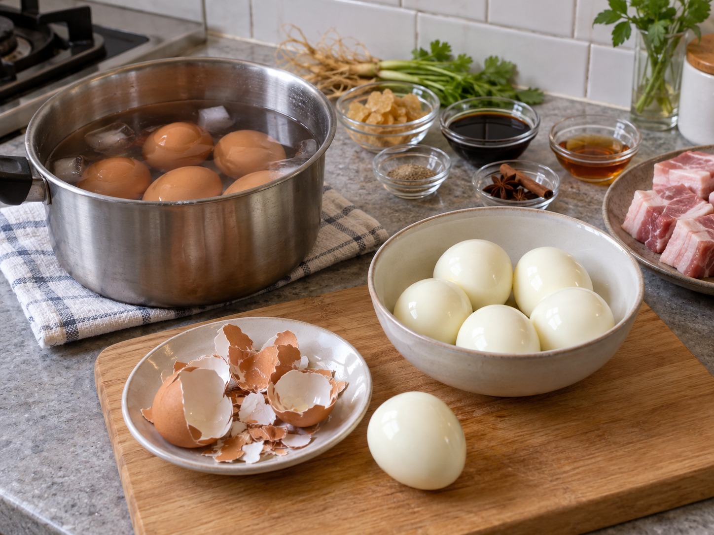 Thai Kai Palo Five-Spice Eggs and Pork — Cool eggs and peel