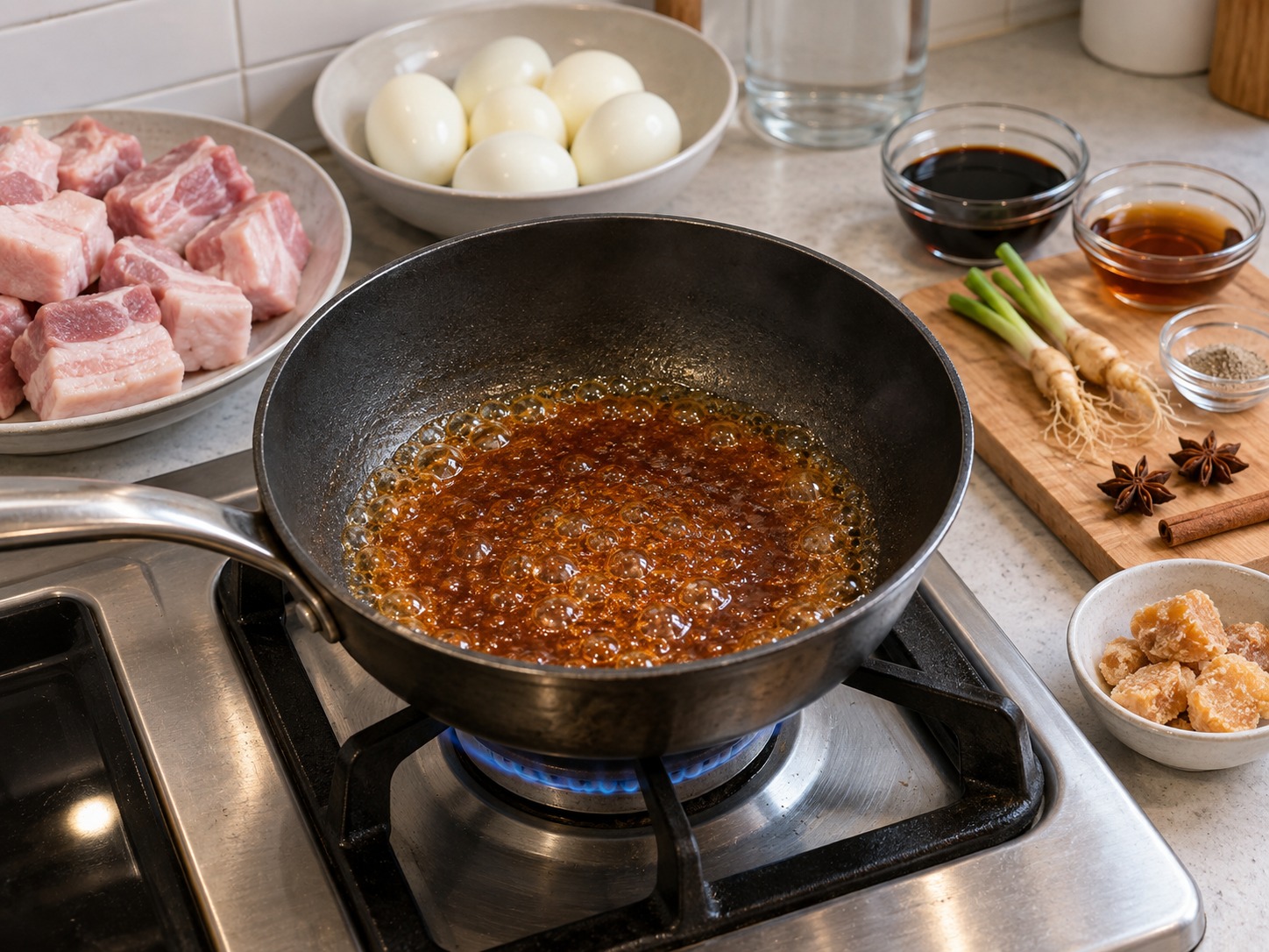 Thai Kai Palo Five-Spice Eggs and Pork — Cook palm sugar to deep amber