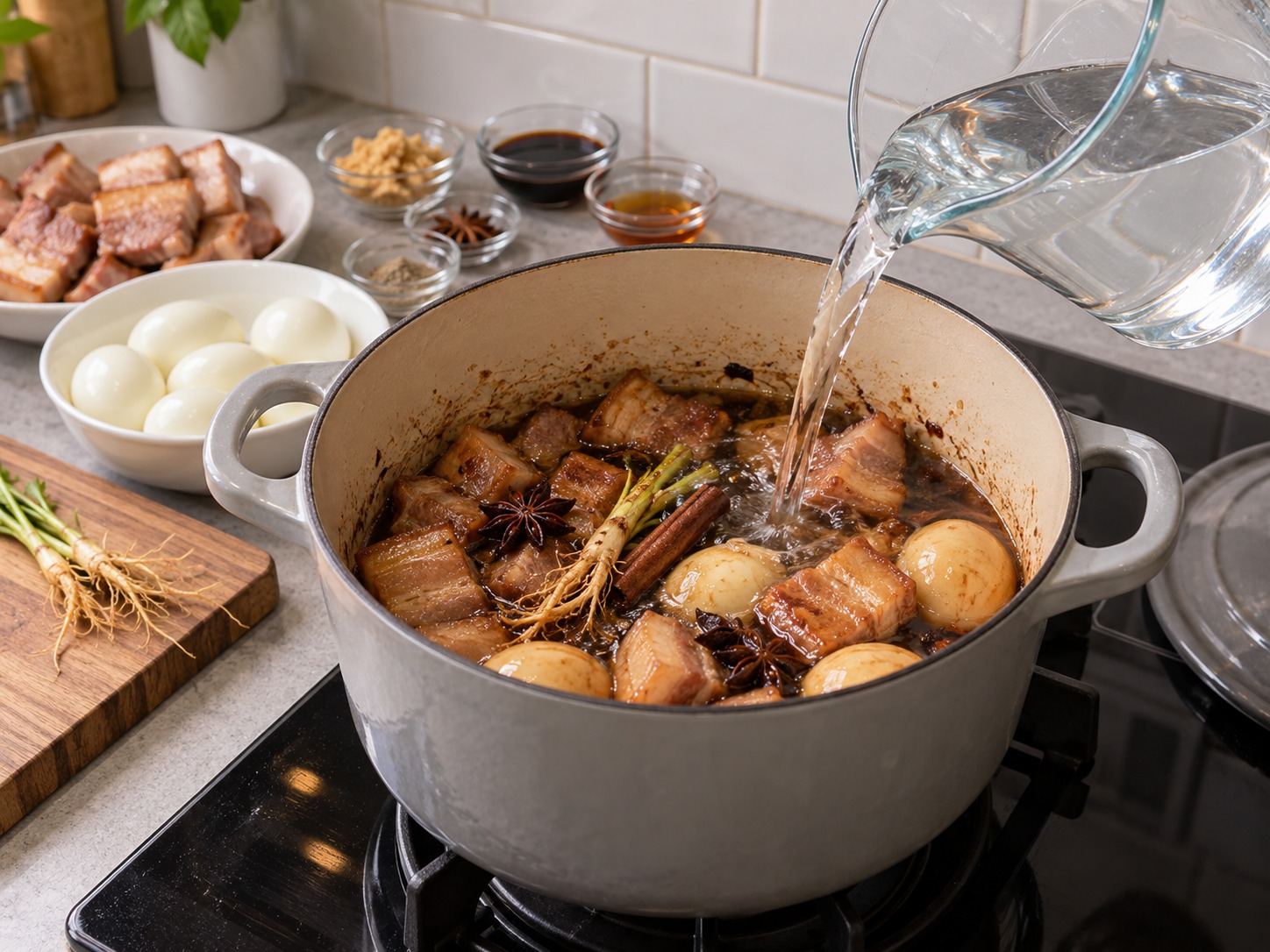 Thai Kai Palo Five-Spice Eggs and Pork — Slowly add water for caramel broth