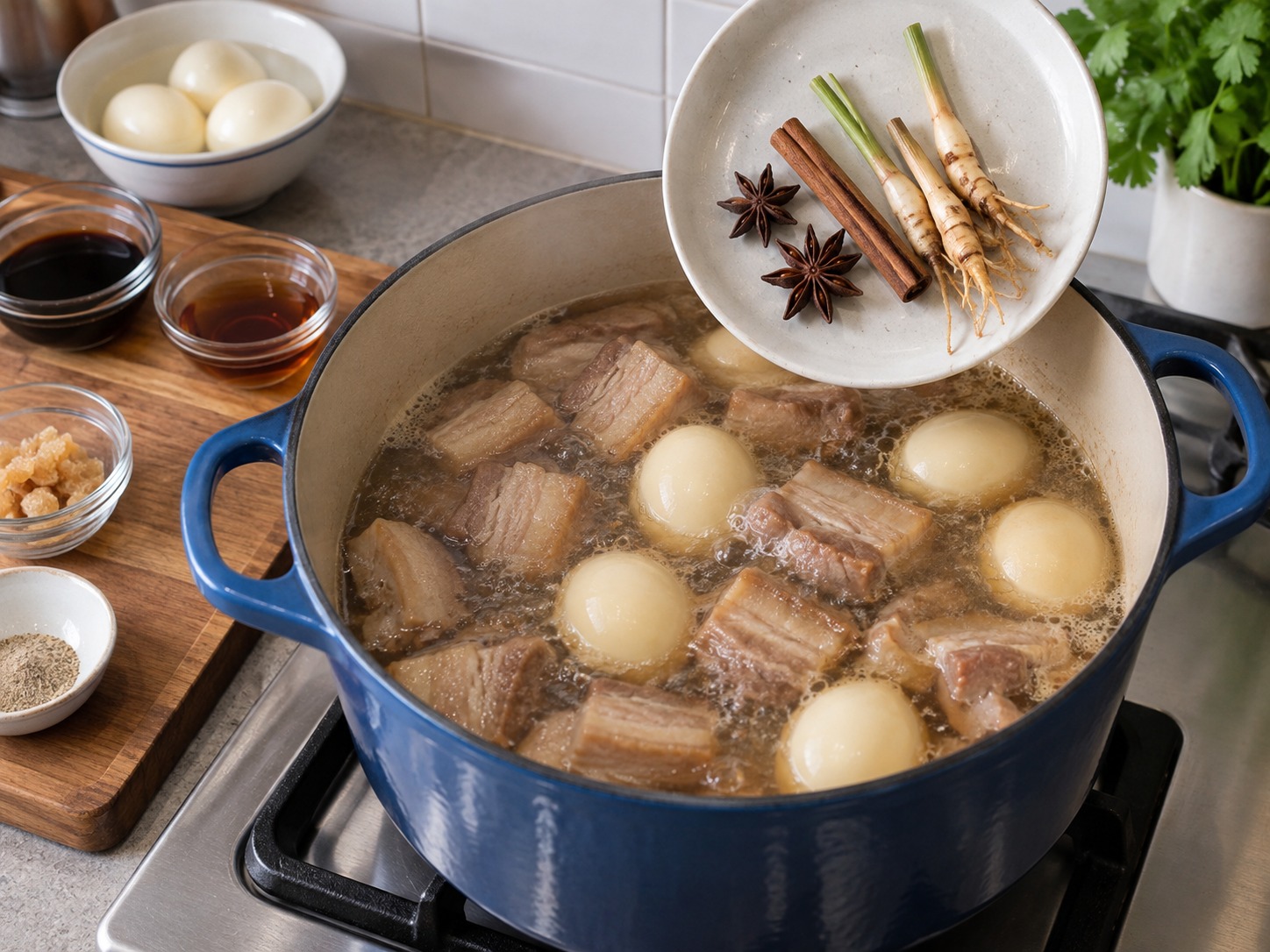 Thai Kai Palo Five-Spice Eggs and Pork — Add soy, fish sauce, star anise, cinnamon and roots