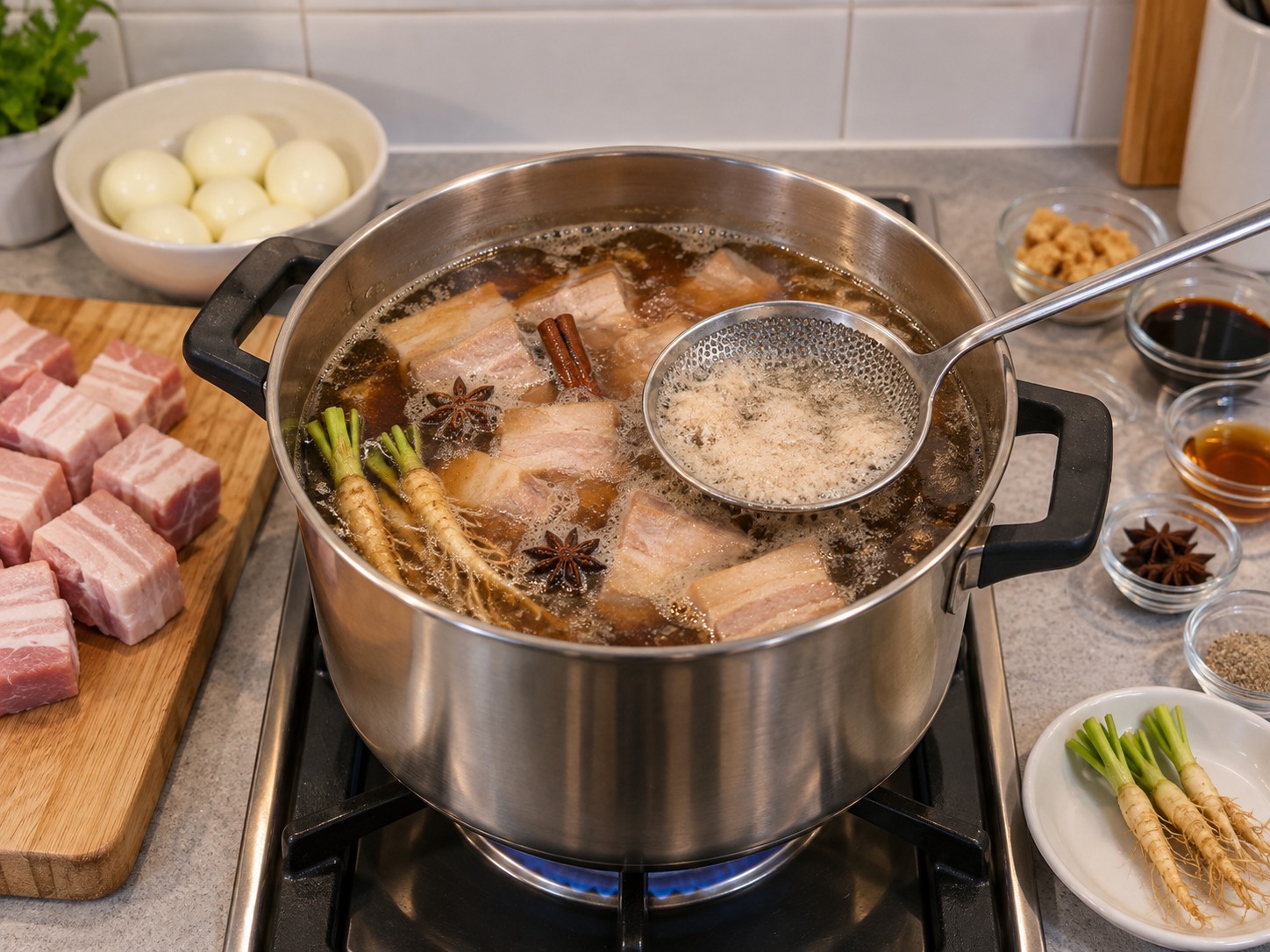 Thai Kai Palo Five-Spice Eggs and Pork — Add pork, boil and skim