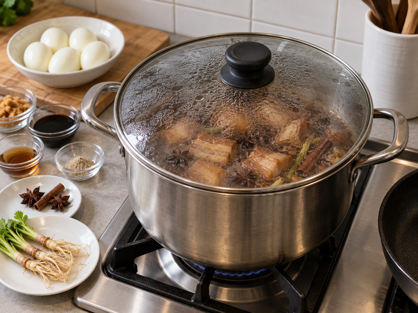 Thai Kai Palo Five-Spice Eggs and Pork — Cover and simmer forty-five minutes