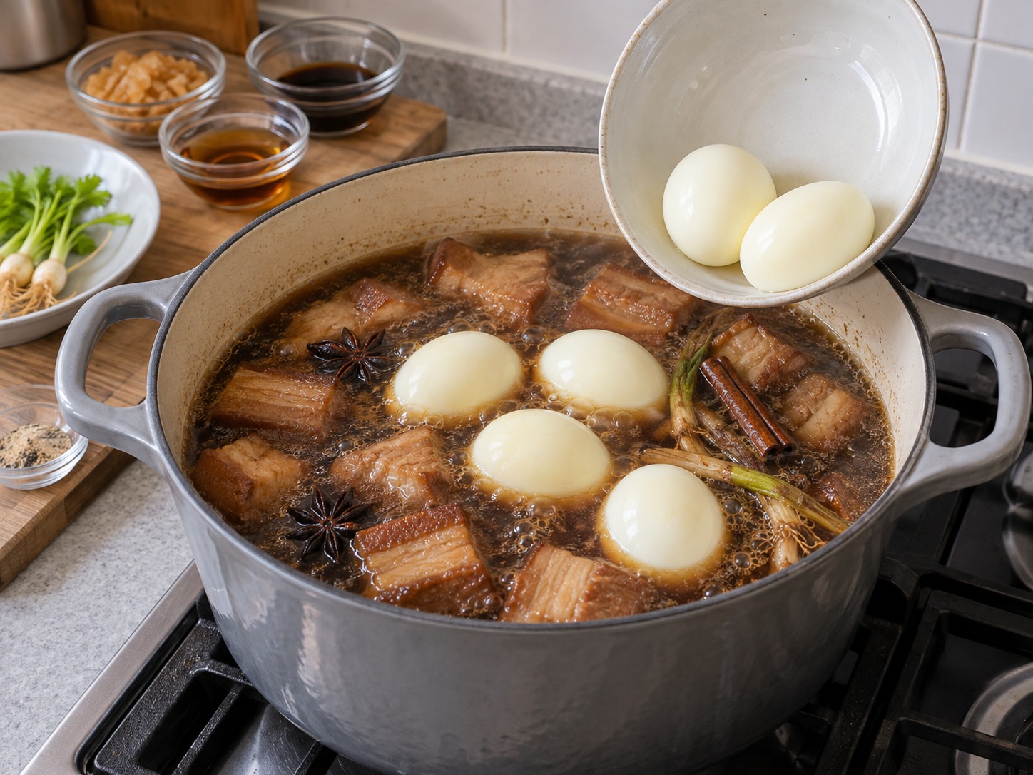 Thai Kai Palo Five-Spice Eggs and Pork — Add peeled eggs and braise fifteen minutes
