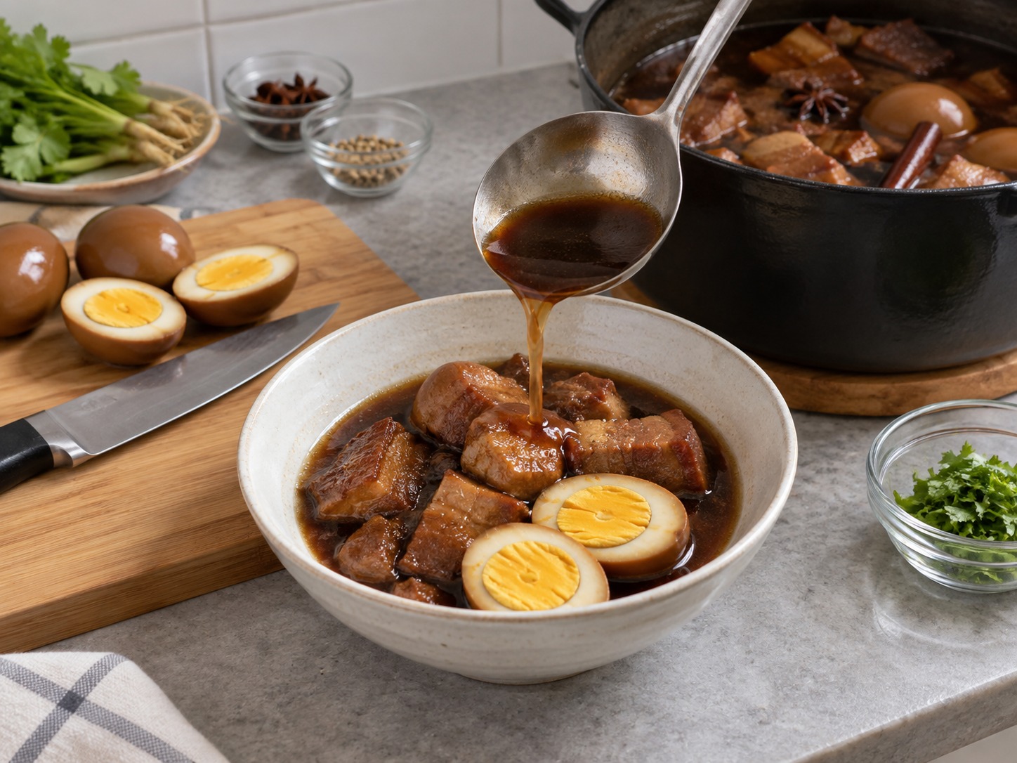 Thai Kai Palo Five-Spice Eggs and Pork — Bowl, halve eggs and spoon over broth