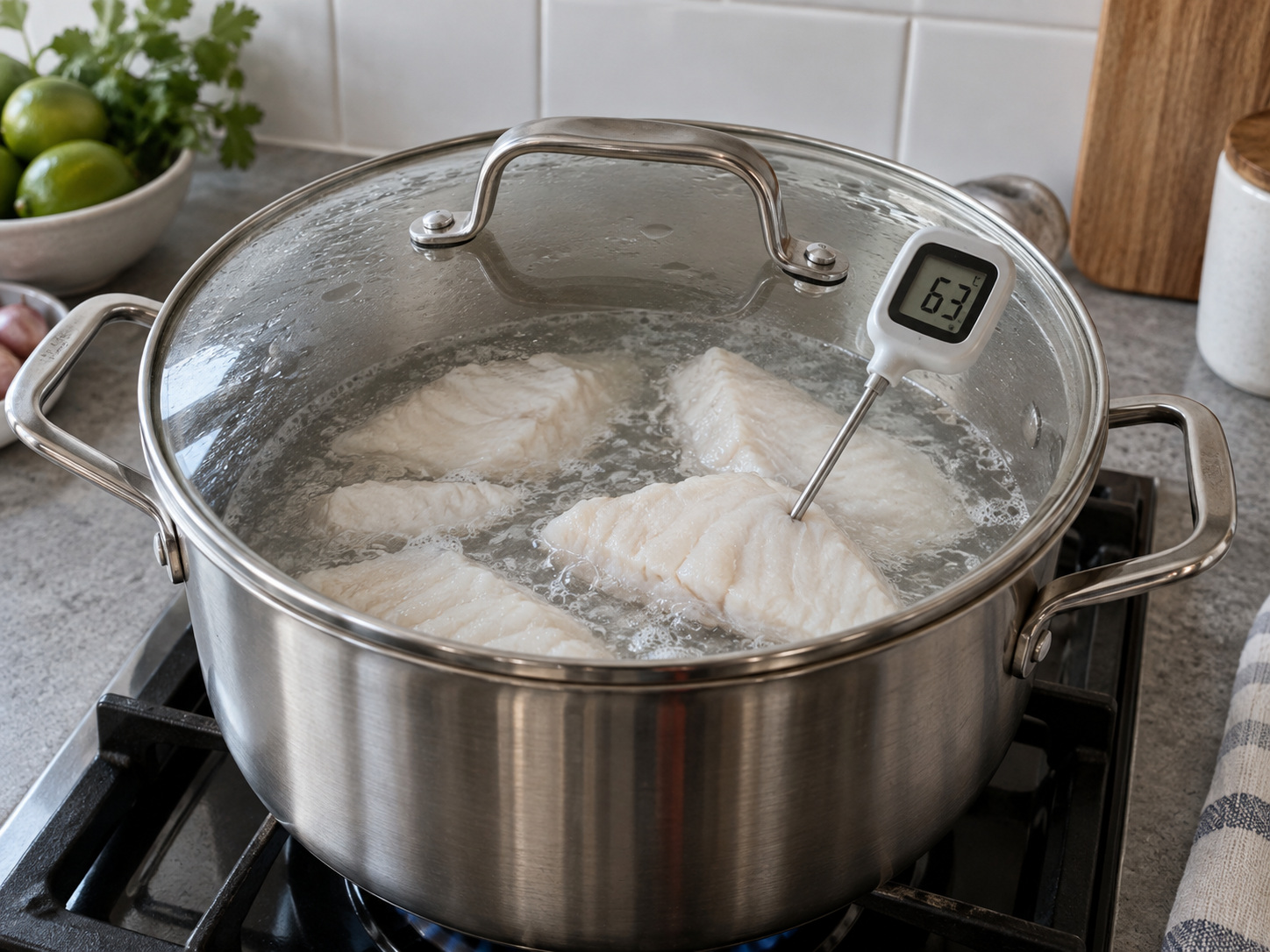 泰式魚咖喱米線 — 2. 魚放入清水中輕煮至轉白，最厚處達63°C。