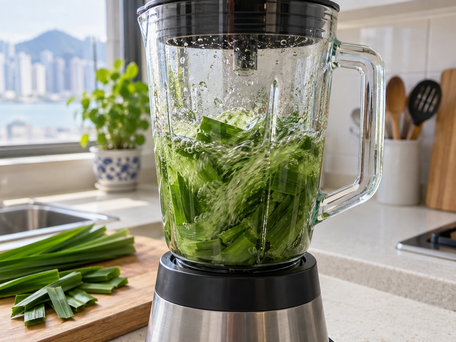 Thai Khanom Tako Pandan Coconut Pudding — Blend pandan juice