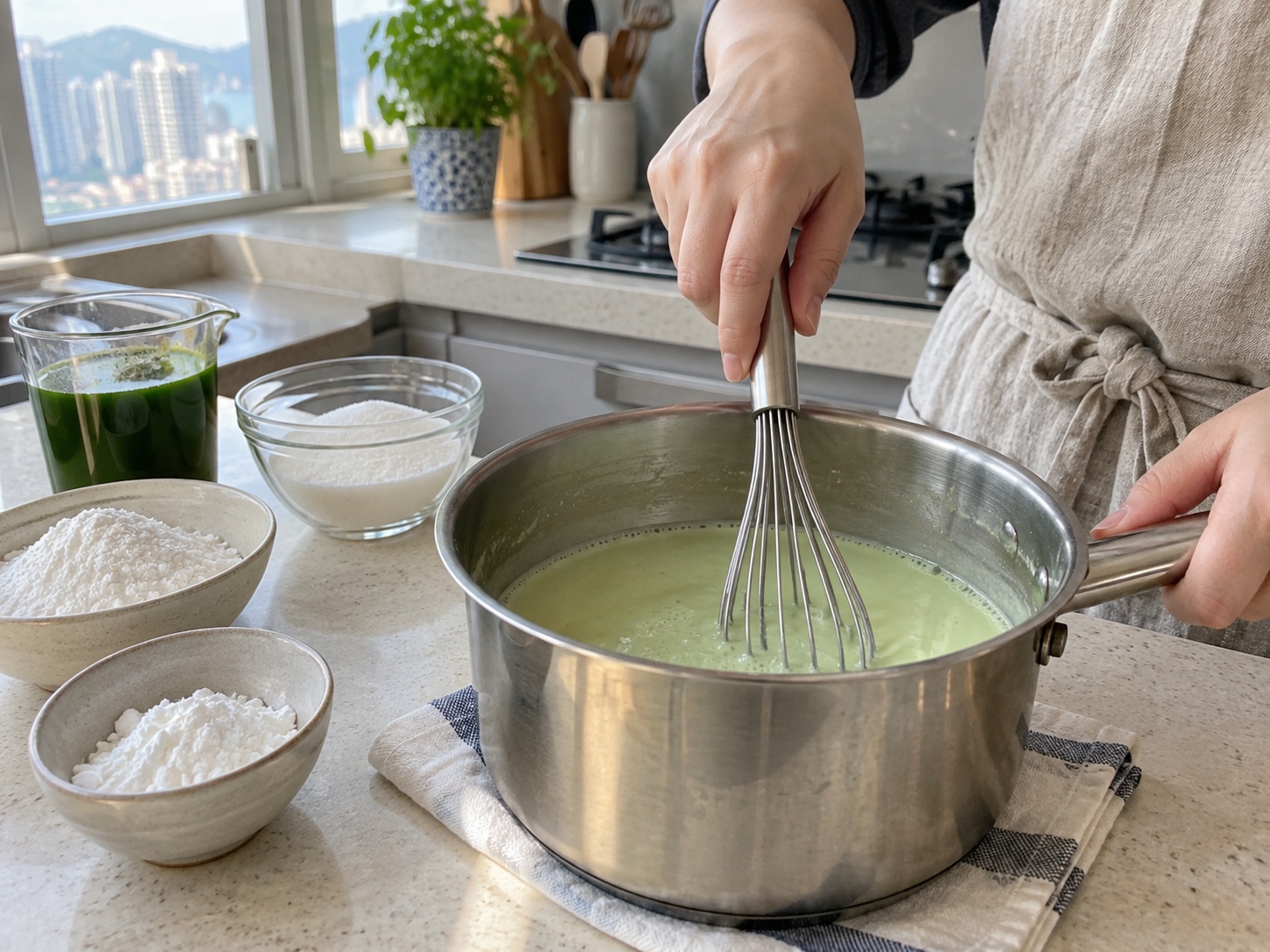 Thai Khanom Tako Pandan Coconut Pudding — Mix green layer
