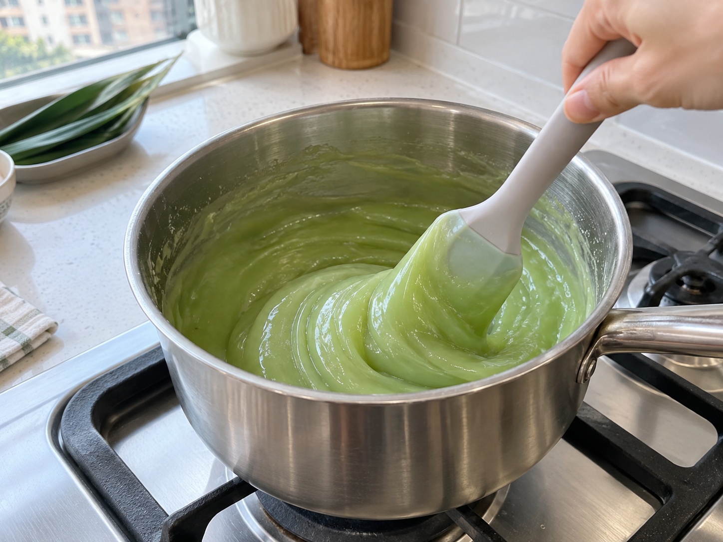 Thai Khanom Tako Pandan Coconut Pudding — Cook green layer