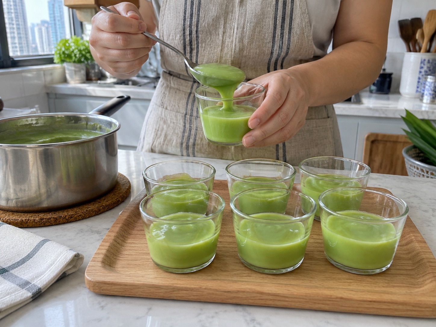 Thai Khanom Tako Pandan Coconut Pudding — Fill cups halfway