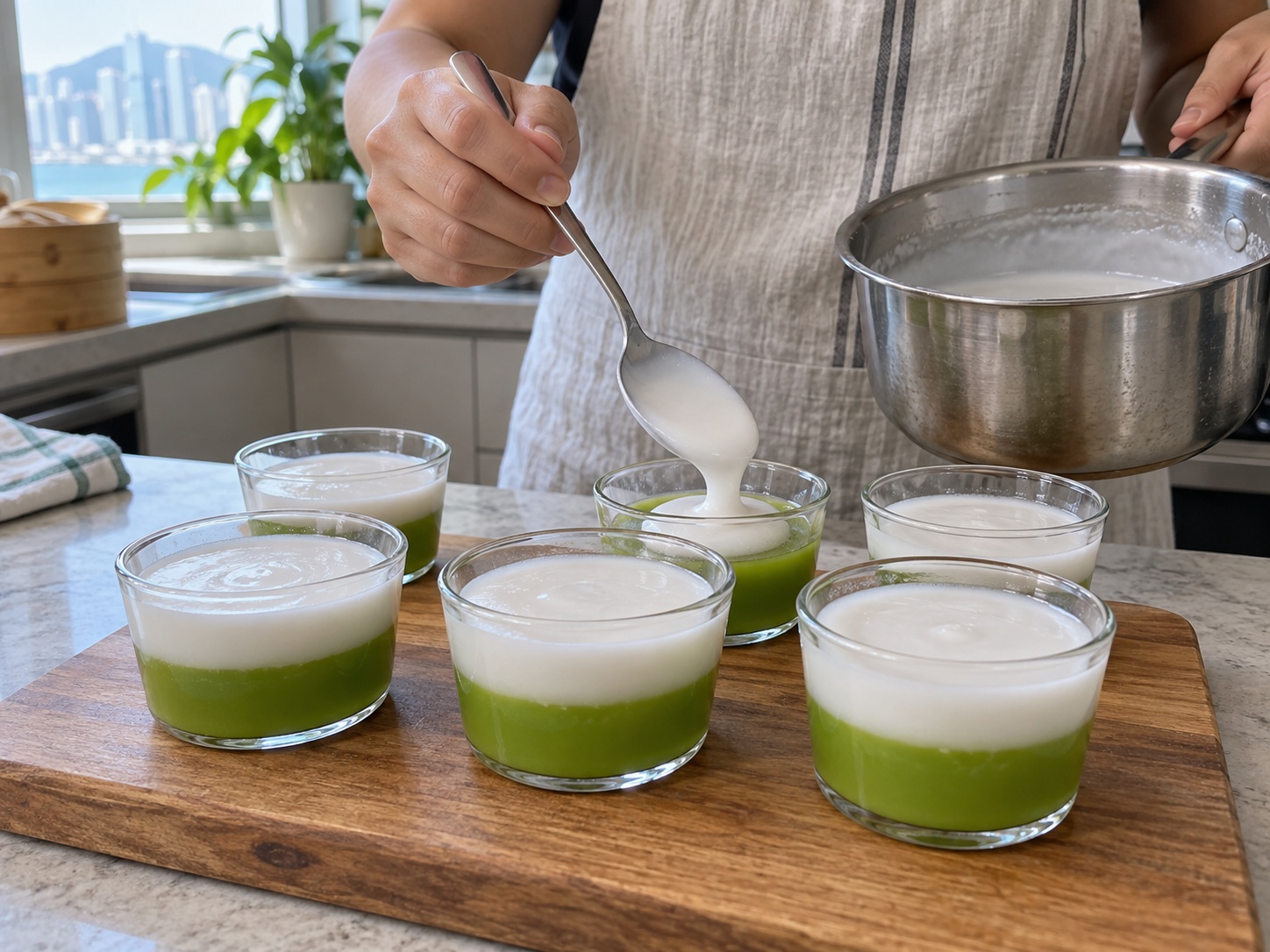 Thai Khanom Tako Pandan Coconut Pudding — Layer white pudding