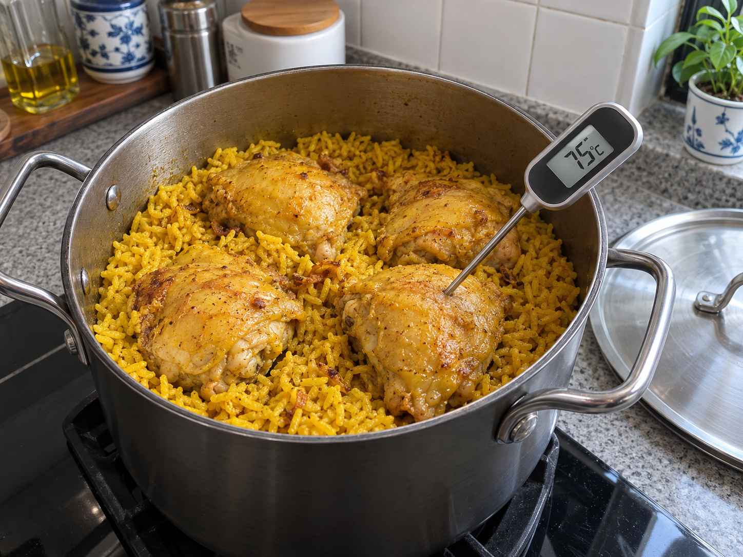 泰式香料雞飯 — 關火焗十分鐘;確認雞肉達75°C