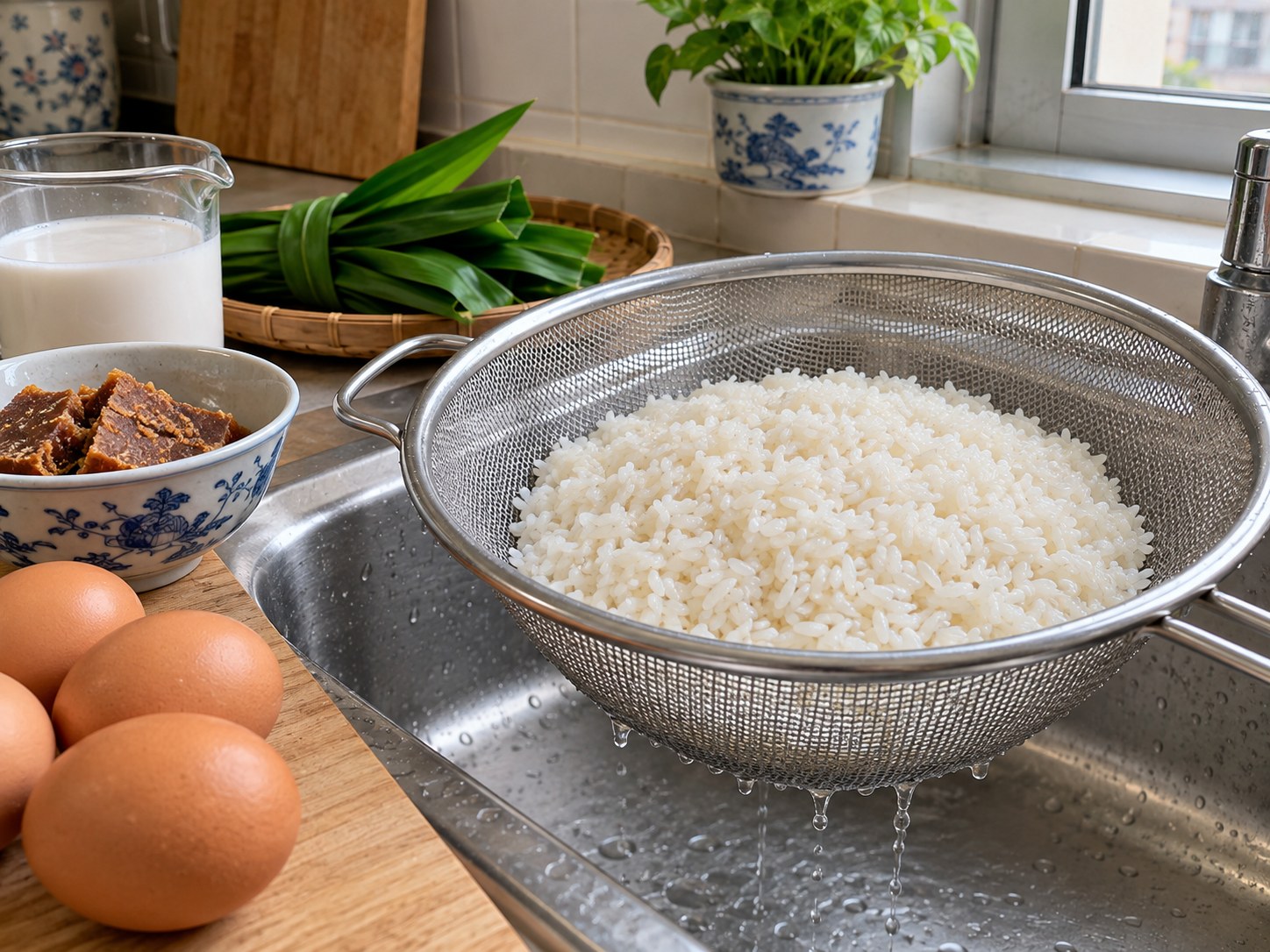 泰式椰香糯米蒸蛋布甸 — 瀝乾糯米