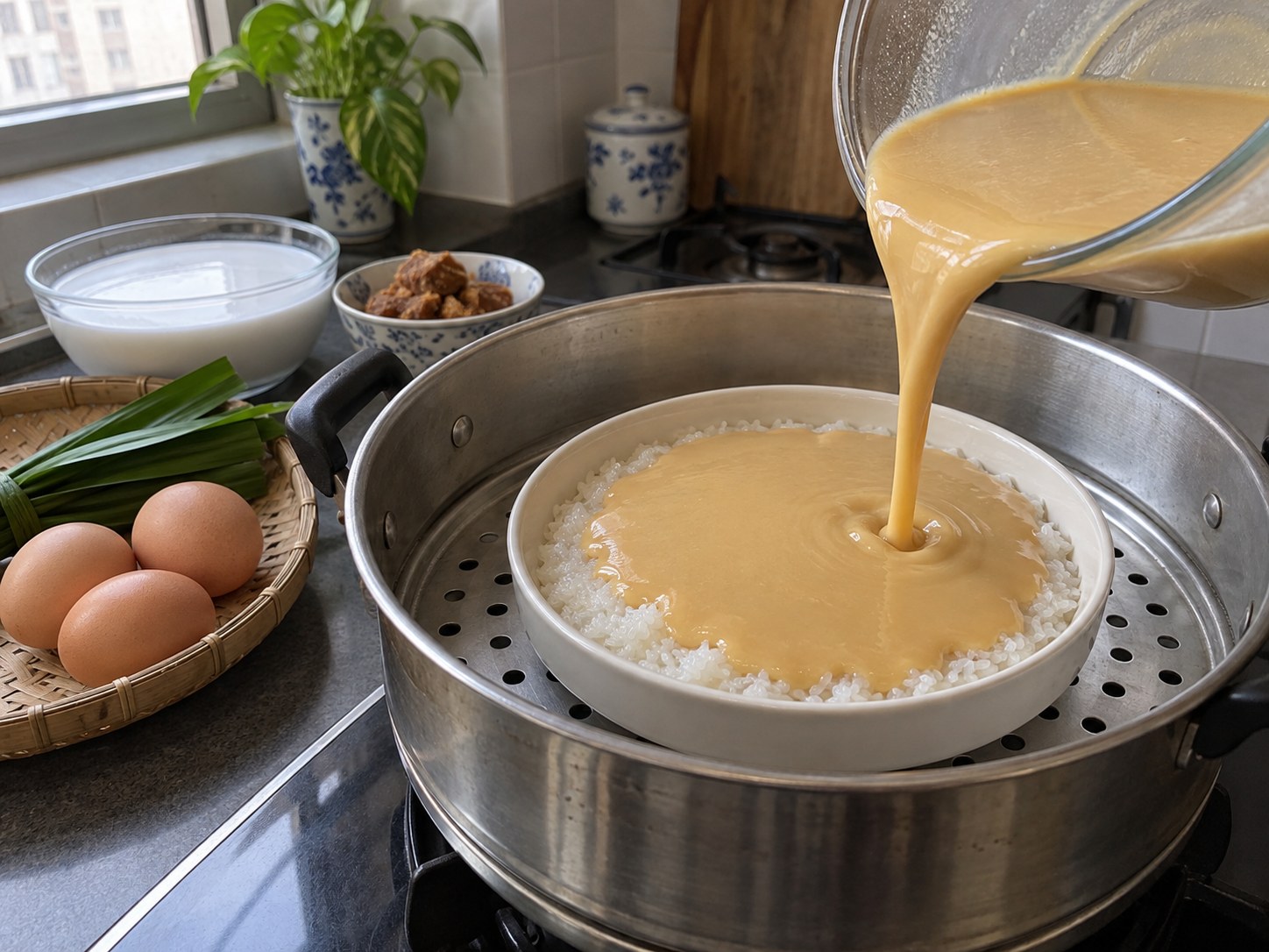 泰式椰香糯米蒸蛋布甸 — 倒入蒸碗