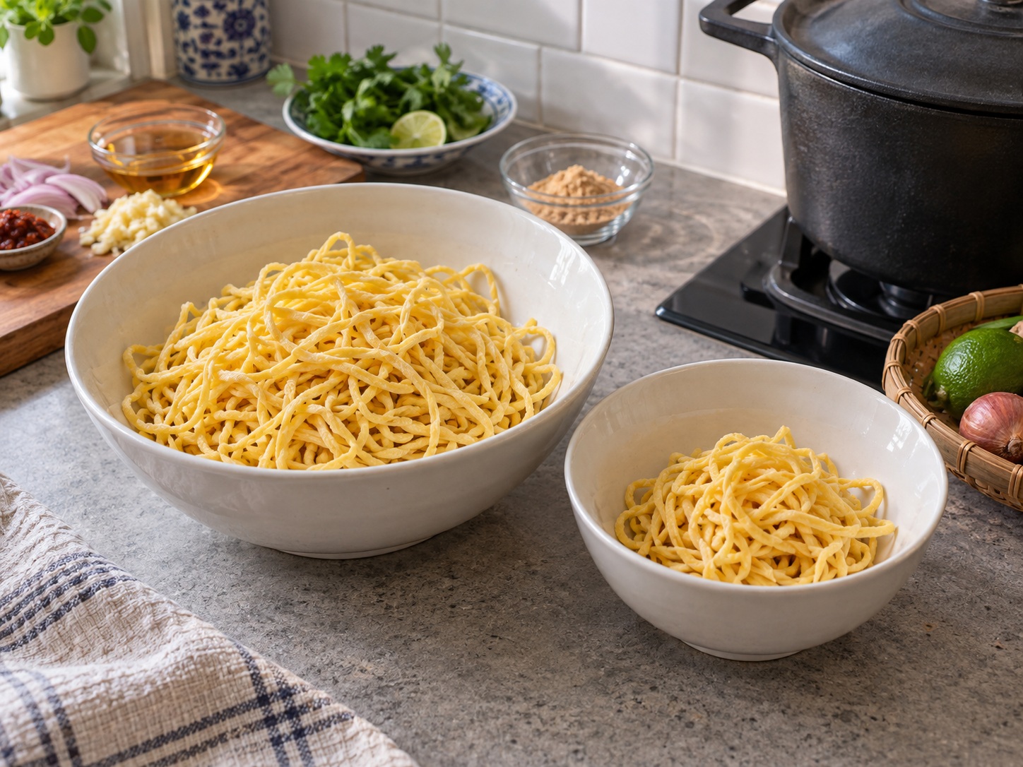 Khao Soi Mi Ayam Thailand — 3. Sisihkan seperempat mi untuk digoreng dan uraikan sisanya