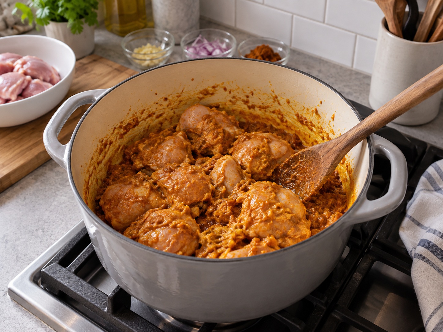 Khao Soi Mi Ayam Thailand — 6. Masukkan ayam dan aduk 3 menit hingga seluruhnya terlapisi kari