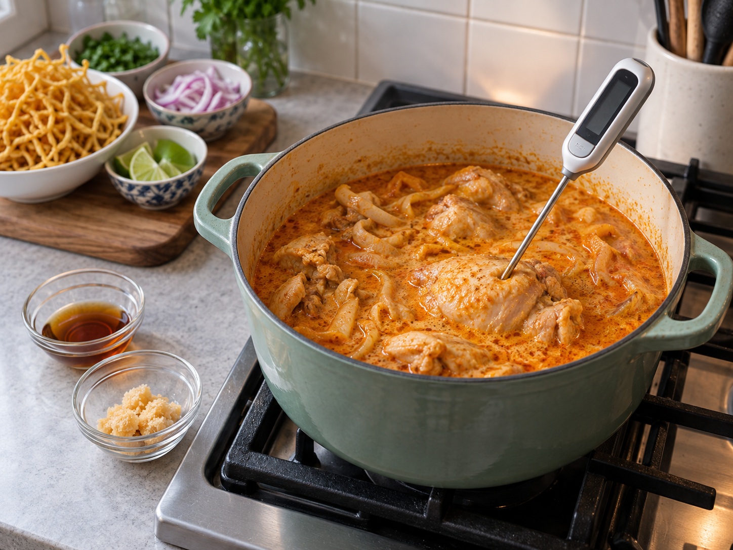 Khao Soi Mi Ayam Thailand — 9. Pastikan bagian ayam paling tebal mencapai sedikitnya 75°C lalu bumbui saus ikan dan gula aren