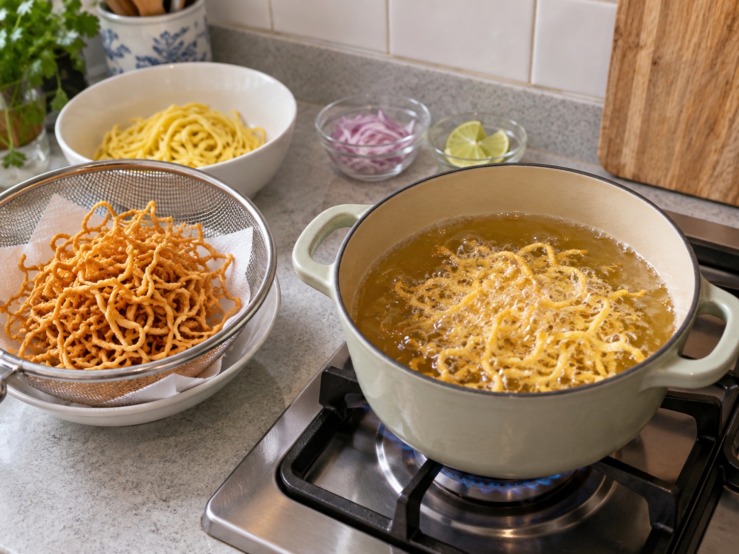 Khao Soi Mi Ayam Thailand — 10. Panaskan minyak 170°C lalu goreng mi cadangan bertahap hingga renyah dan tiriskan