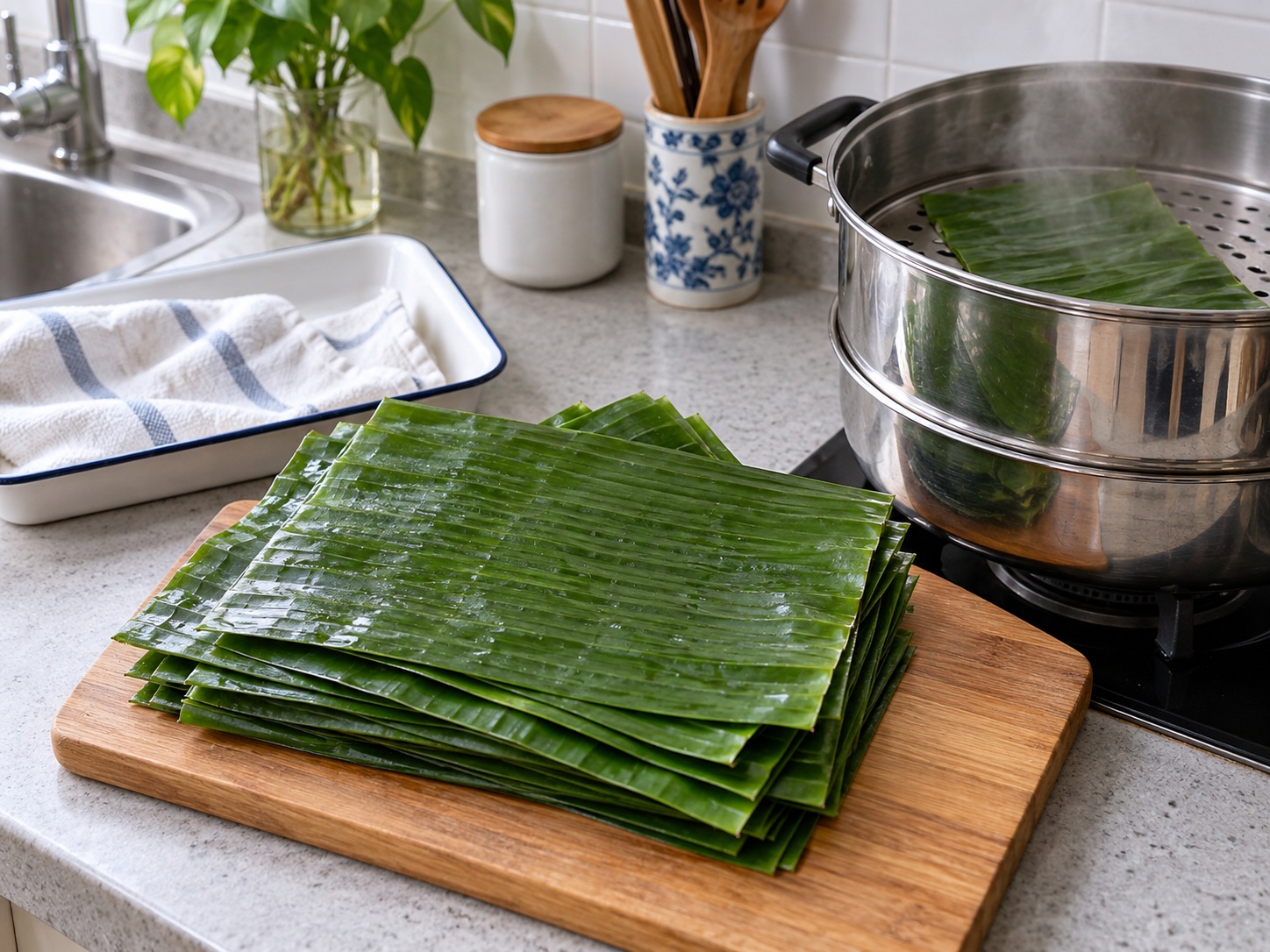 Thai Khao Tom Mad Banana Sticky Rice — 2. Hugasan ang magkabilang panig ng dahon