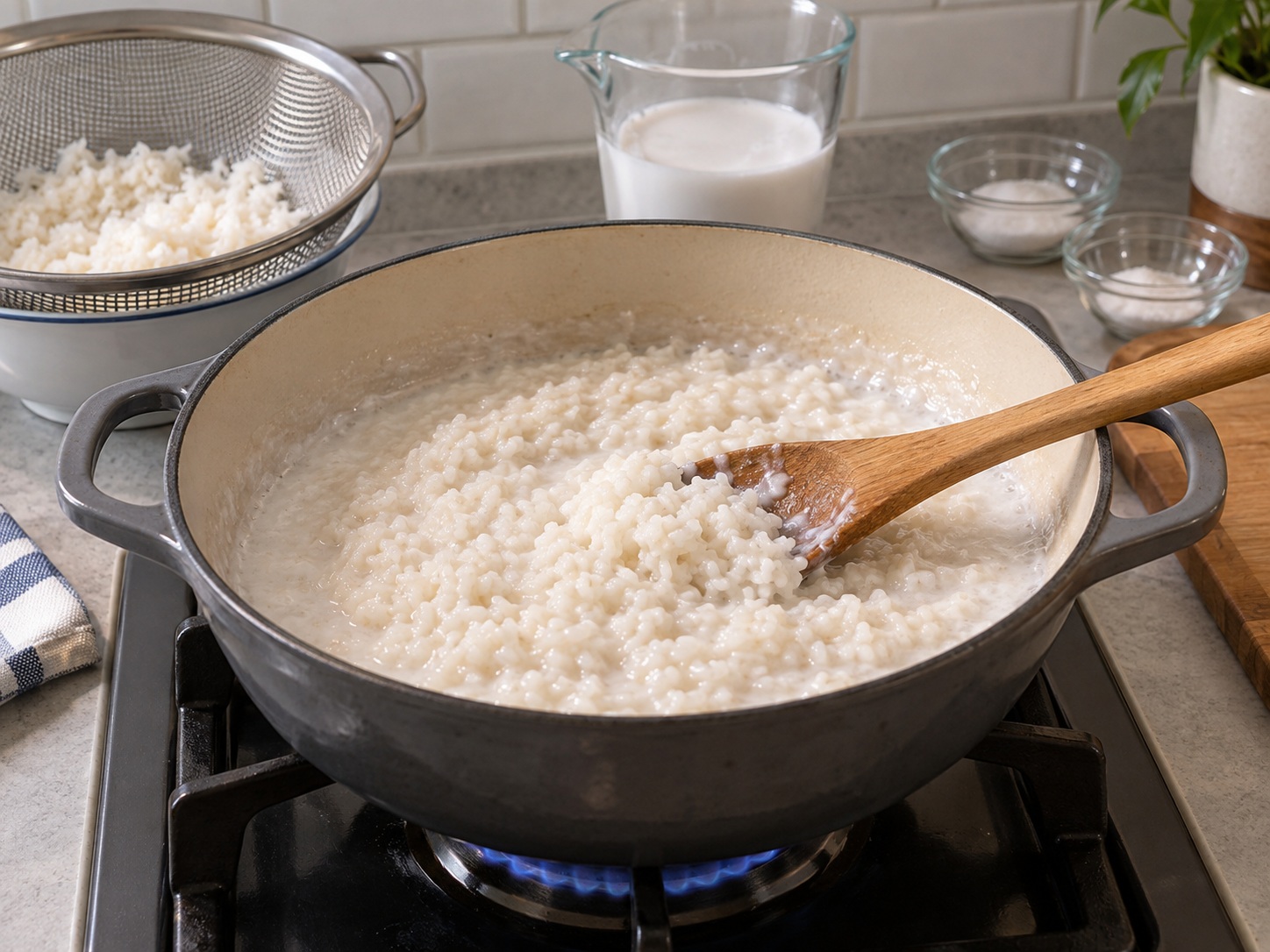 Thai Khao Tom Mad Banana Sticky Rice — 5. Idagdag ang pinatulong bigas at tuloy-tuloy na haluin nang 10 hanggang 12 minuto sa katamtamang mahinang apoy