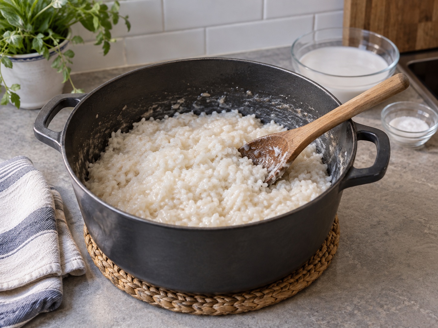 Thai Khao Tom Mad Banana Sticky Rice — 6. Patayin ang apoy kapag halos nasipsip ang gata ngunit hindi pa luto ang bigas