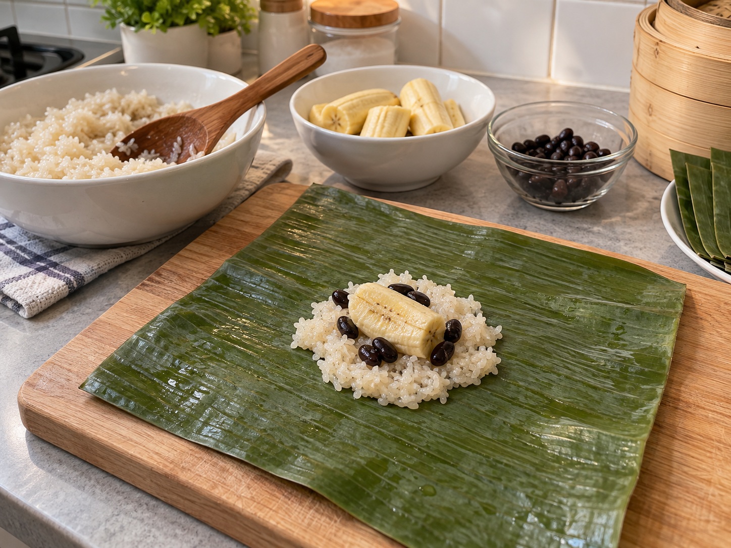 Thai Khao Tom Mad Banana Sticky Rice — 7. Maglagay ng sticky rice sa gitna ng dahon at idagdag ang saging at kaunting black beans
