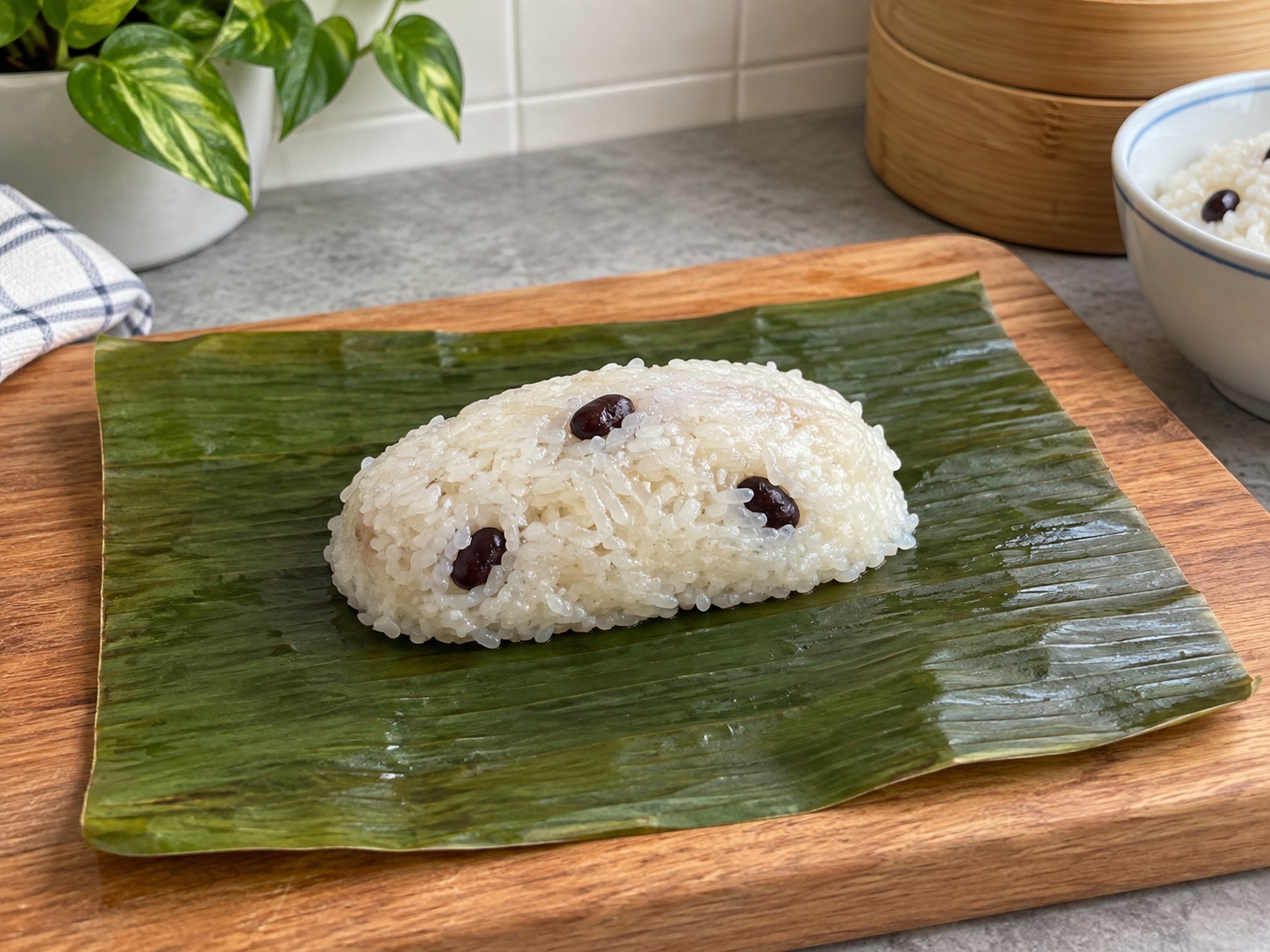 Thai Khao Tom Mad Banana Sticky Rice — 8. Takpan ng isa pang patong ng bigas upang lubos na mabalot ang saging