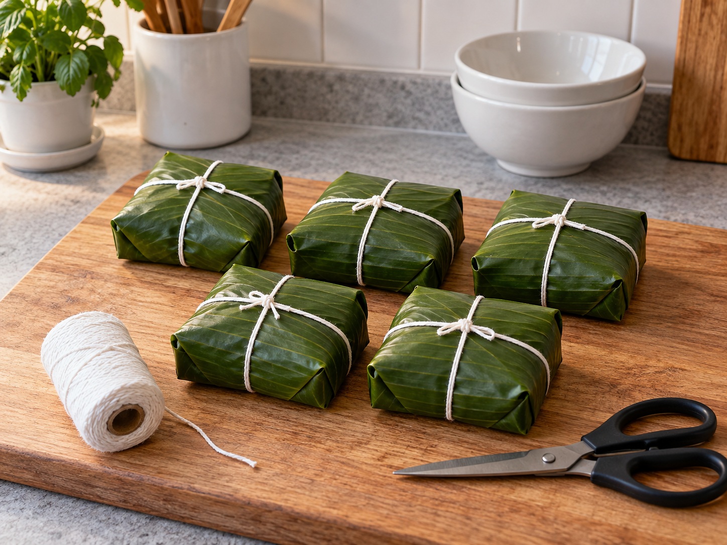 Thai Khao Tom Mad Banana Sticky Rice — 9. Itupi bilang mahigpit na parihabang parcel at talian nang hindi napupunit ang dahon