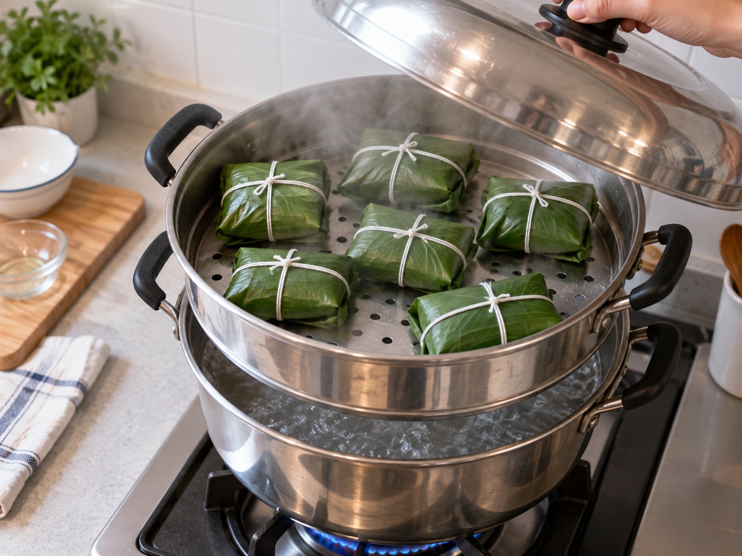 Thai Khao Tom Mad Banana Sticky Rice — 10. Pakuluin nang tuloy-tuloy ang steamer at ayusin ang parcels na may puwang para sa singaw