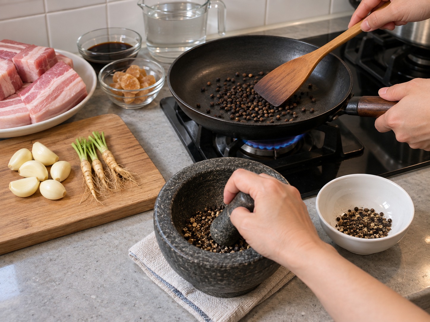 泰南普吉香料炆豬肉 Moo Hong — 黑胡椒粒乾炒至香,粗略搗碎