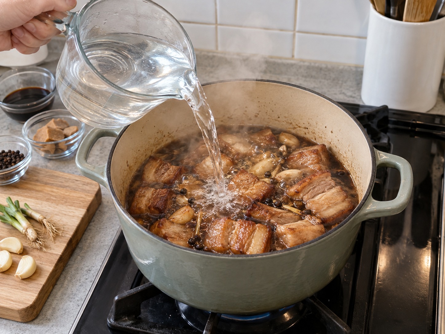泰南普吉香料炆豬肉 Moo Hong — 加入八百毫升熱水至剛蓋過豬肉,煮滾後轉微火