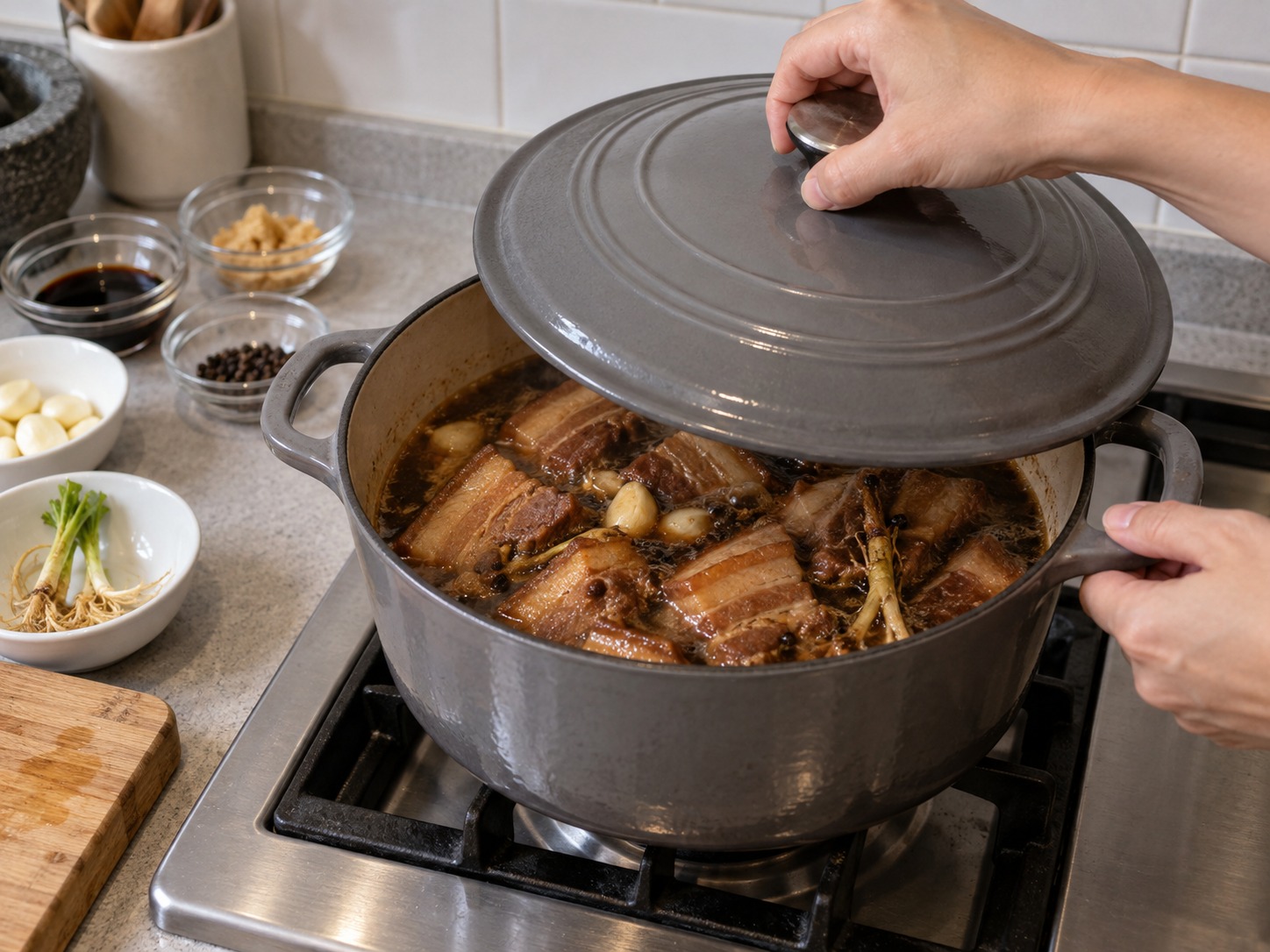 泰南普吉香料炆豬肉 Moo Hong — 加蓋慢炆六十分鐘,途中翻動兩次