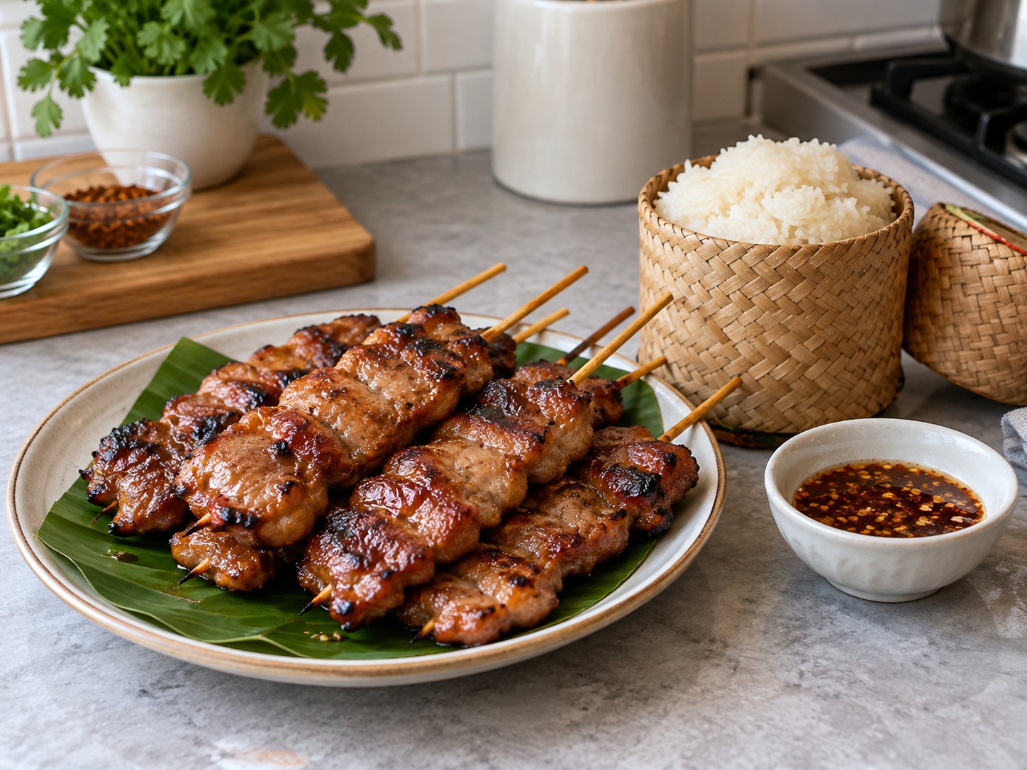Moo Ping Thai dengan Ketan — hidangan selesai