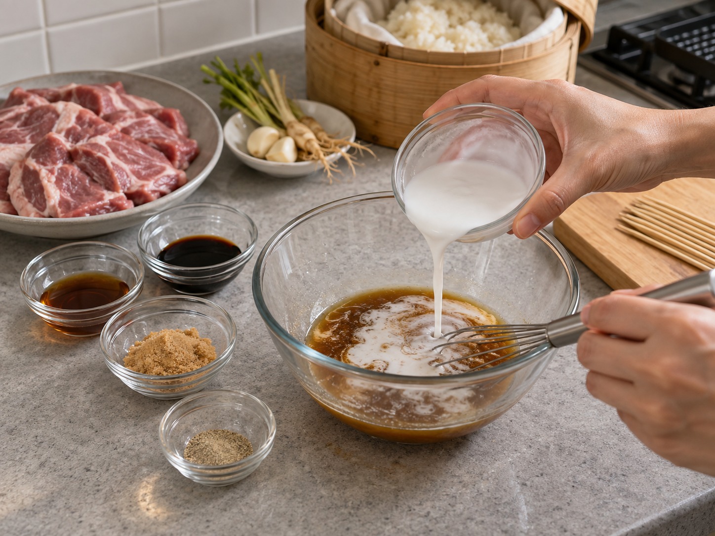 Moo Ping Thai dengan Ketan — Campur kecap ikan, kecap asin, gula, lada putih, dan santan