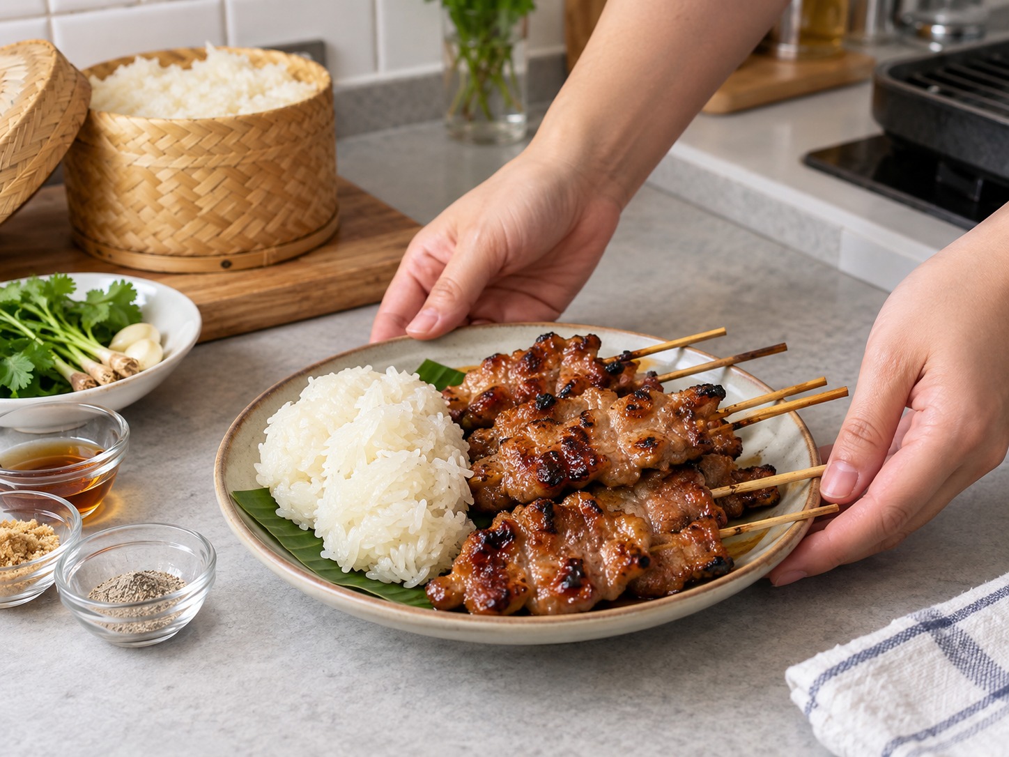 Moo Ping Thai dengan Ketan — Sajikan sate babi bersama ketan hangat