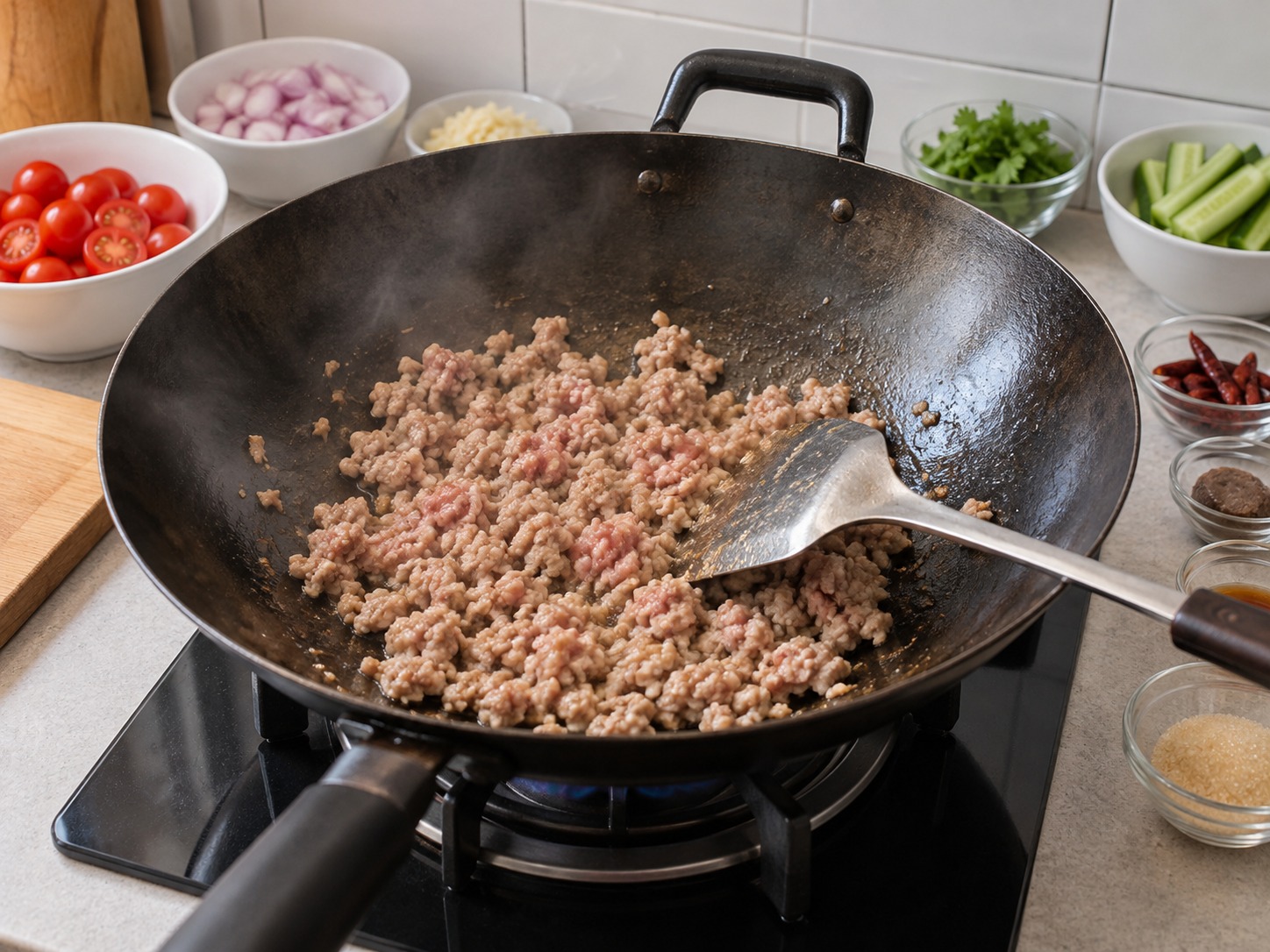 Nam Prik Ong — Masukkan daging lalu tumis hingga matang