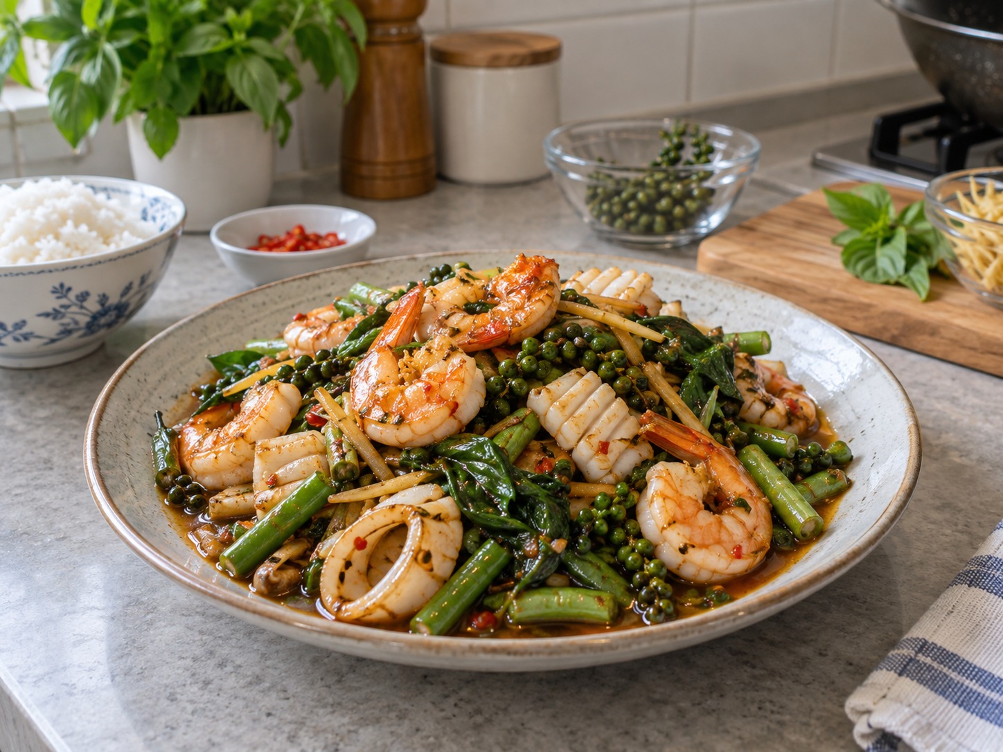 Thai Pad Cha na Lamang-Dagat — natapos na ulam