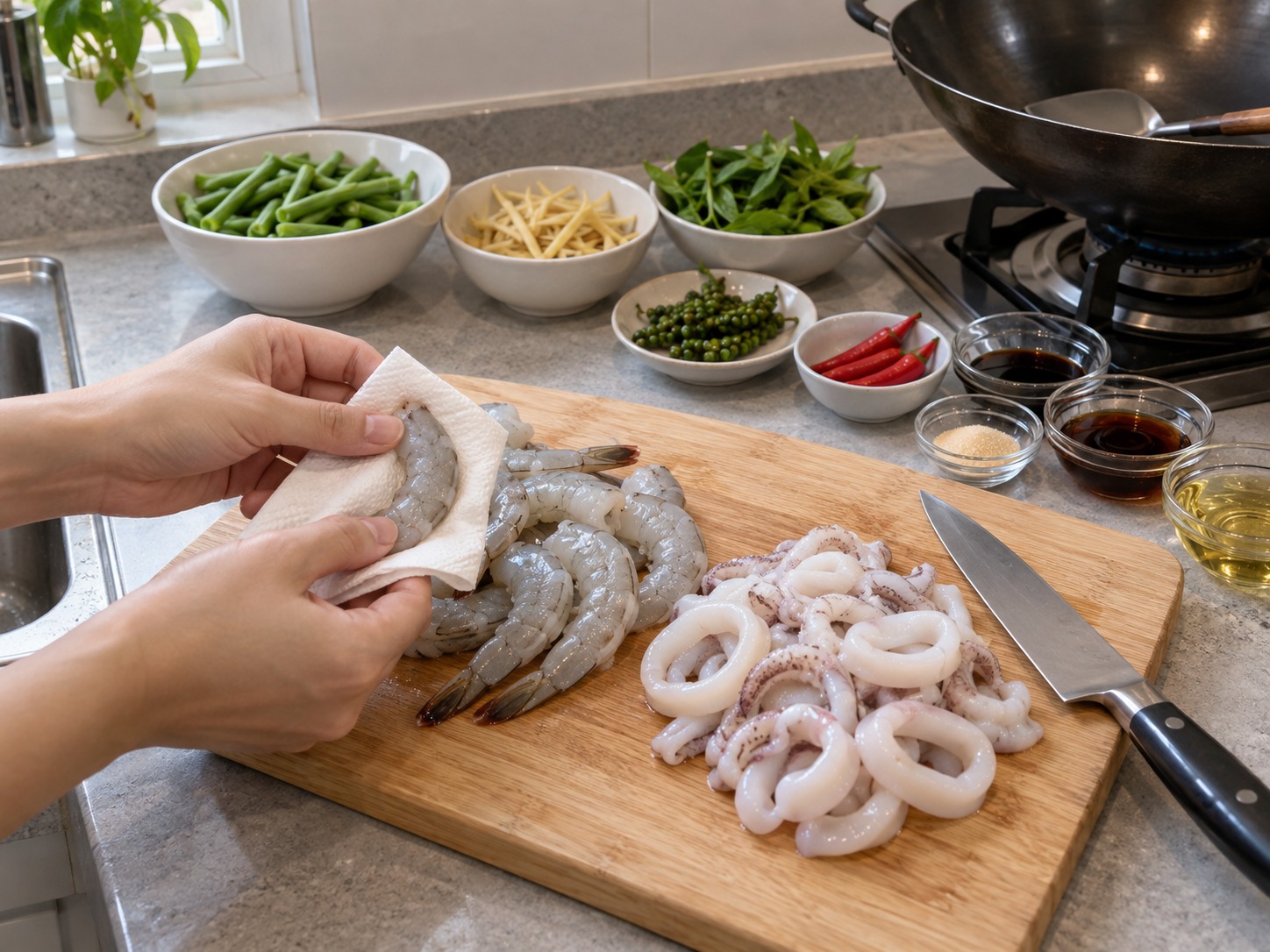 Thai Pad Cha na Lamang-Dagat — Alisin ang bituka ng hipon, hiwain ang pusit nang pabilog, at patuyuin ang seafood