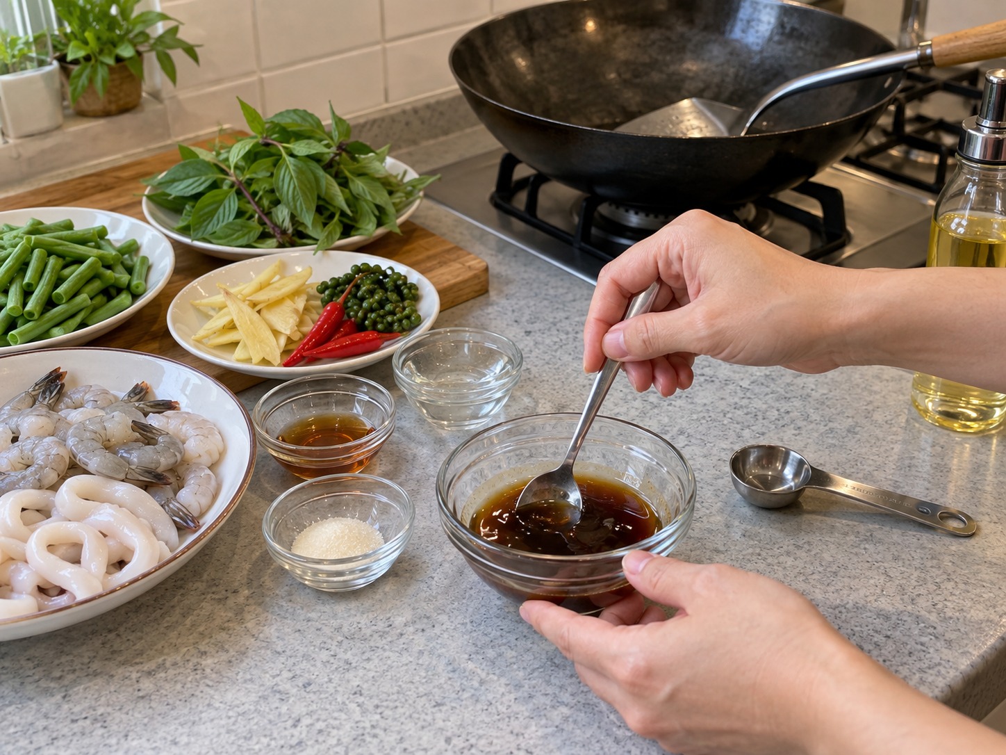 Thai Pad Cha na Lamang-Dagat — Paghaluin ang oyster sauce at dalawang kutsarang tubig