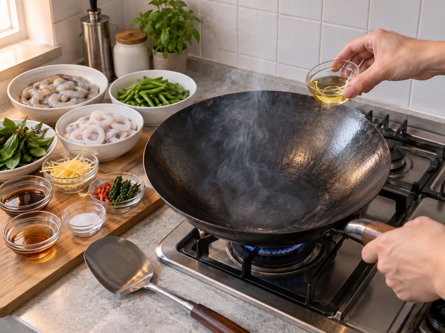 Thai Pad Cha na Lamang-Dagat — Painitin ang wok hanggang bahagyang umusok at lagyan ng mantika