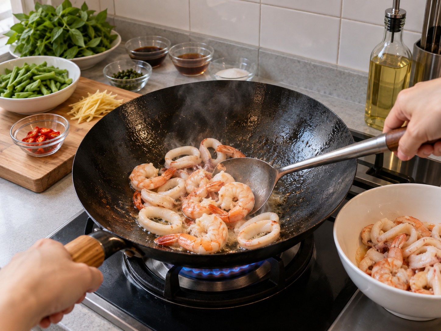Thai Pad Cha na Lamang-Dagat — Mabilis na igisa nang pangkatan ang hipon at pusit hanggang magbago ang kulay, saka alisin