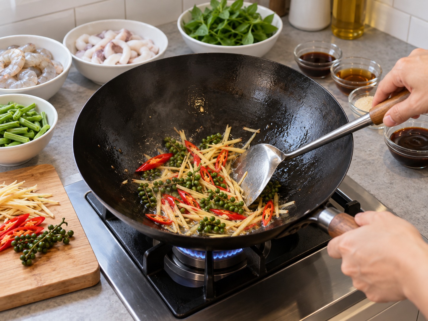 Thai Pad Cha na Lamang-Dagat — Igisa ang fingerroot, sili, at green peppercorn sa parehong wok