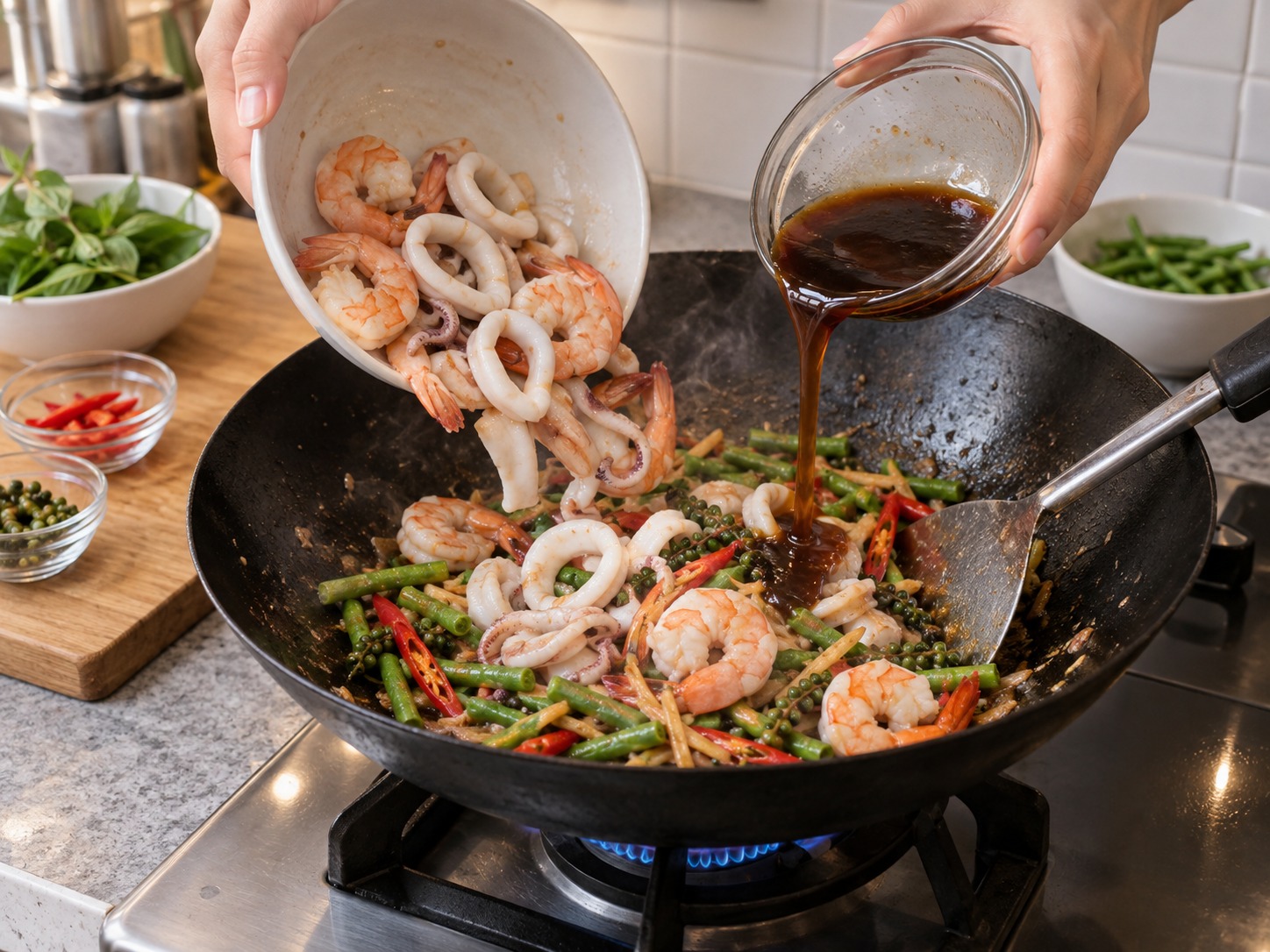 Thai Pad Cha na Lamang-Dagat — Ibalik ang seafood at ibuhos ang oyster sauce mixture