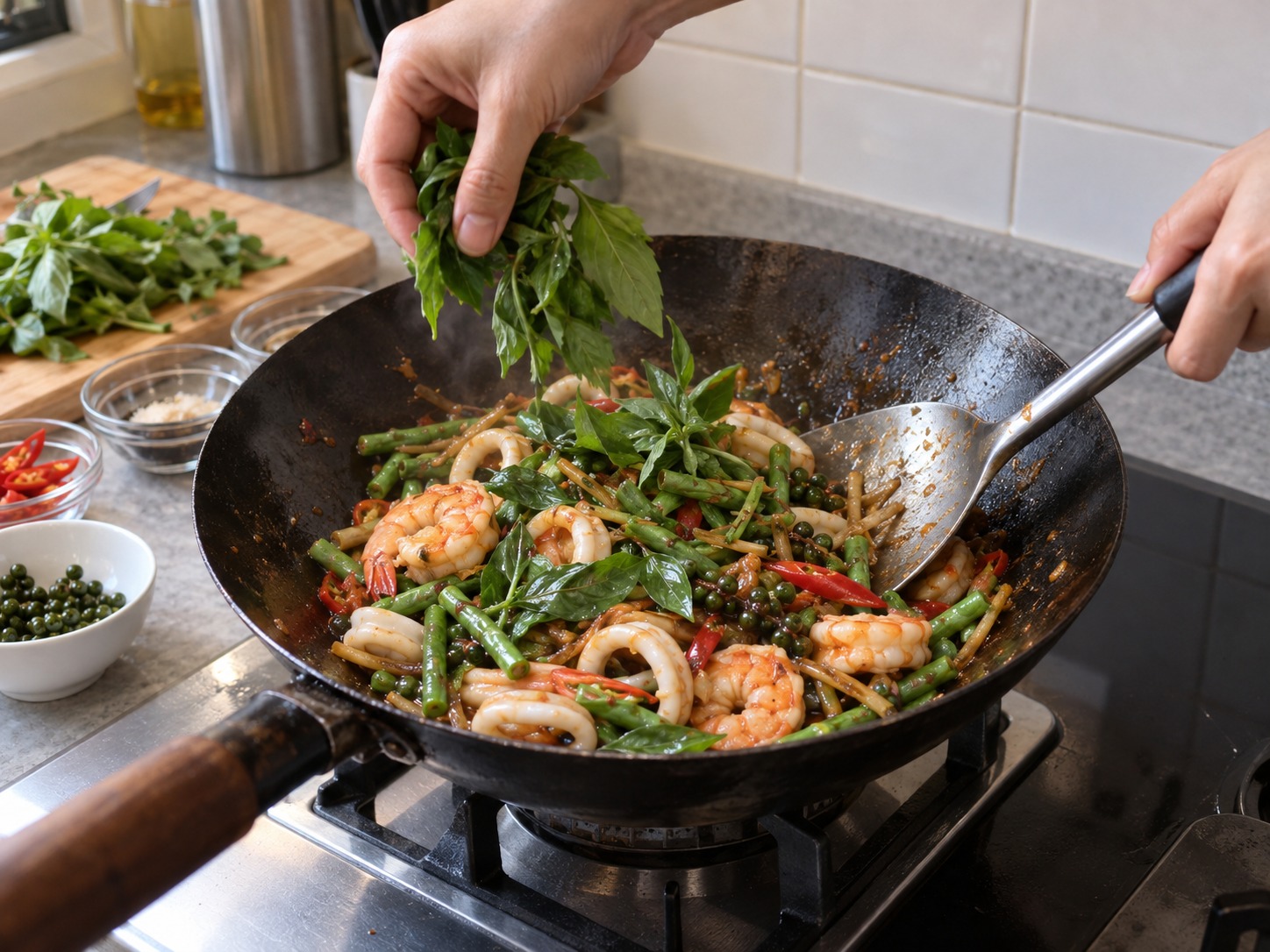 Thai Pad Cha na Lamang-Dagat — Patayin ang apoy at ihalo ang holy basil hanggang bahagyang malanta