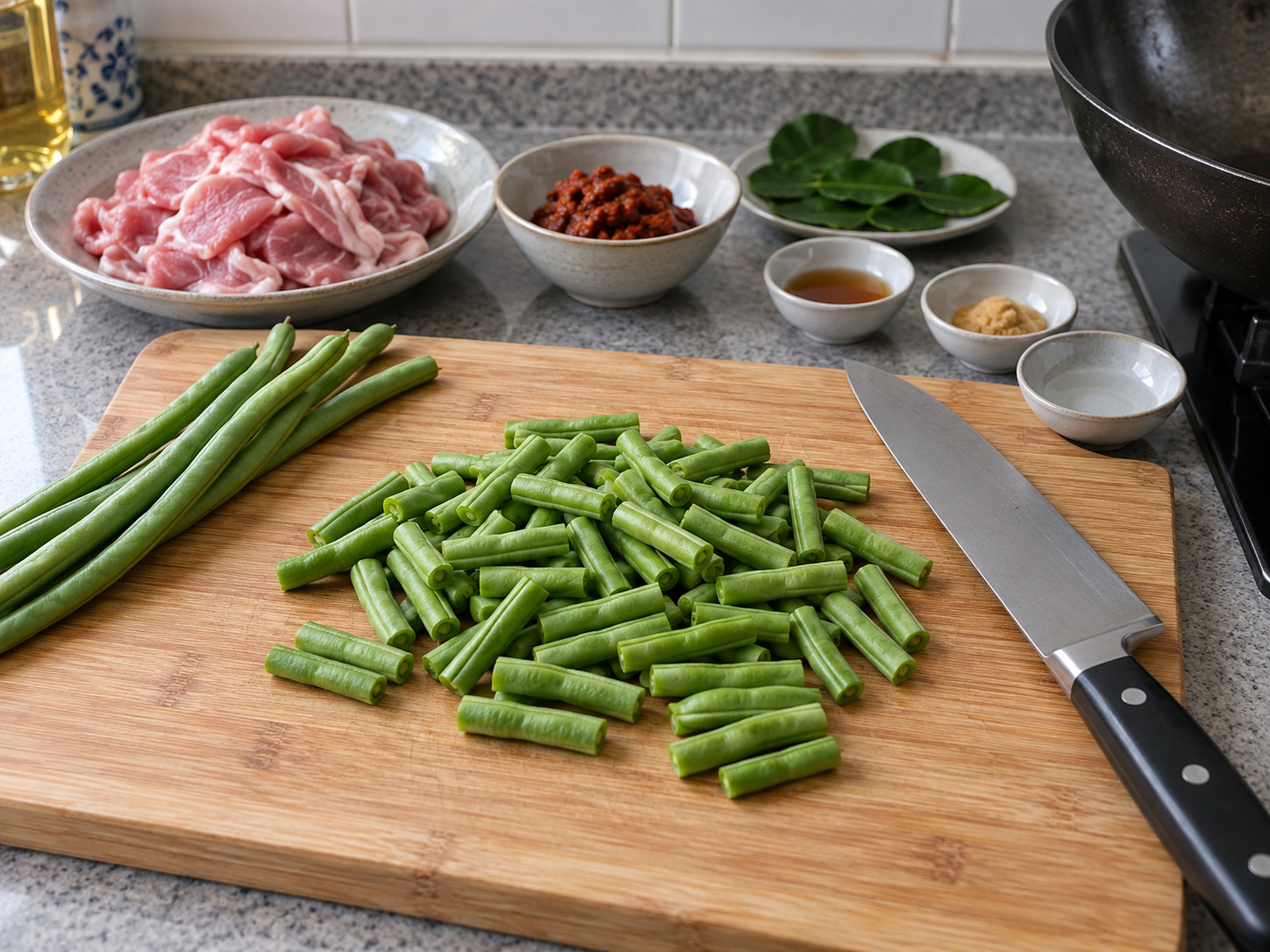 泰式紅咖喱炒豬肉 — 四季豆切成四厘米長