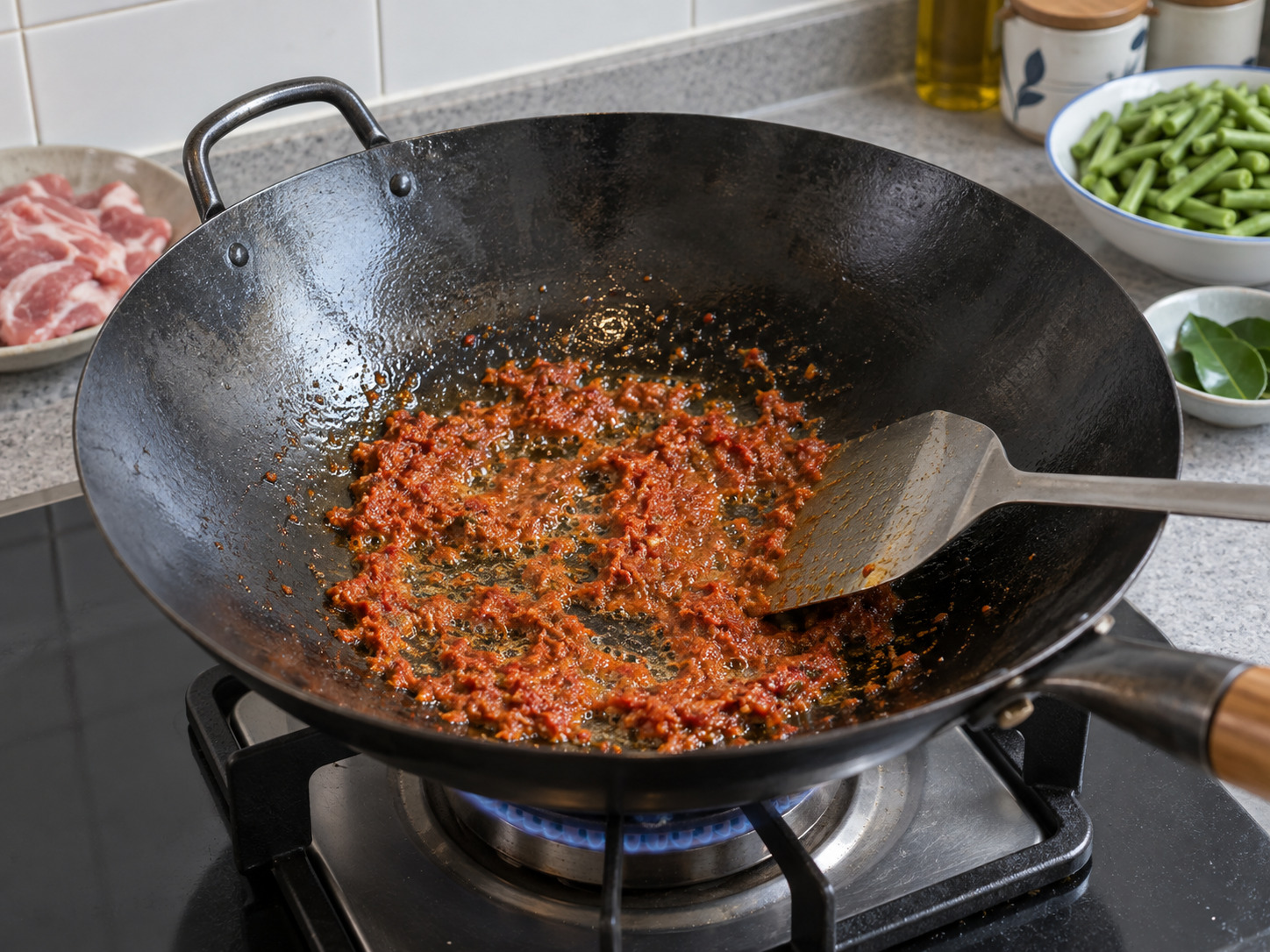 泰式紅咖喱炒豬肉 — 鑊中熱油,以中火炒紅咖喱醬