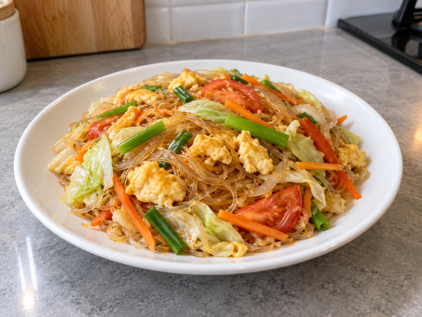 Pad Woon Sen Telur dan Sayur Thailand — hidangan selesai
