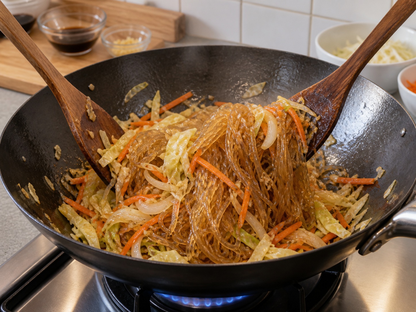 Pad Woon Sen Telur dan Sayur Thailand — Masukkan soun dan saus