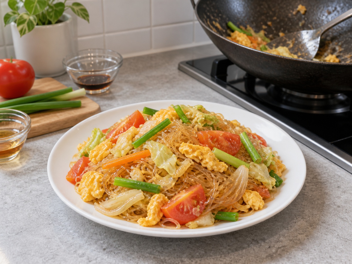 Pad Woon Sen Telur dan Sayur Thailand — Selesaikan dan sajikan