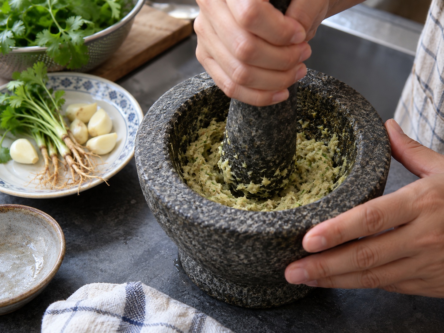 Thai Pandan Chicken — Pound the aromatics